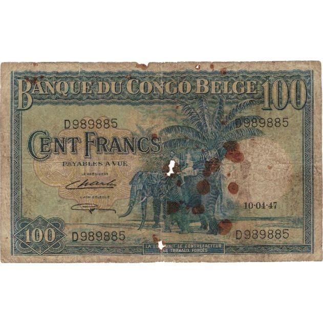 Billet, Congo belge, 100 Francs, KM:17c, B+