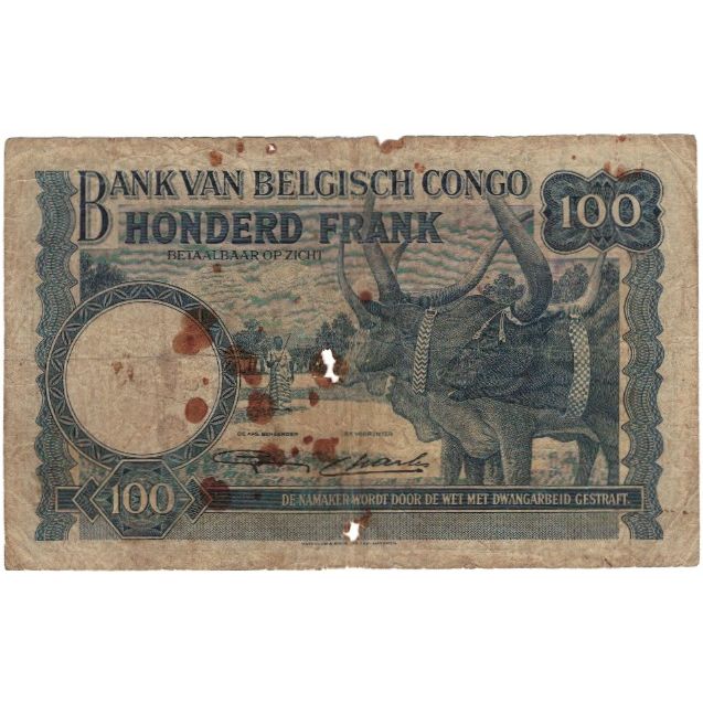 Billet, Congo belge, 100 Francs, KM:17c, B+