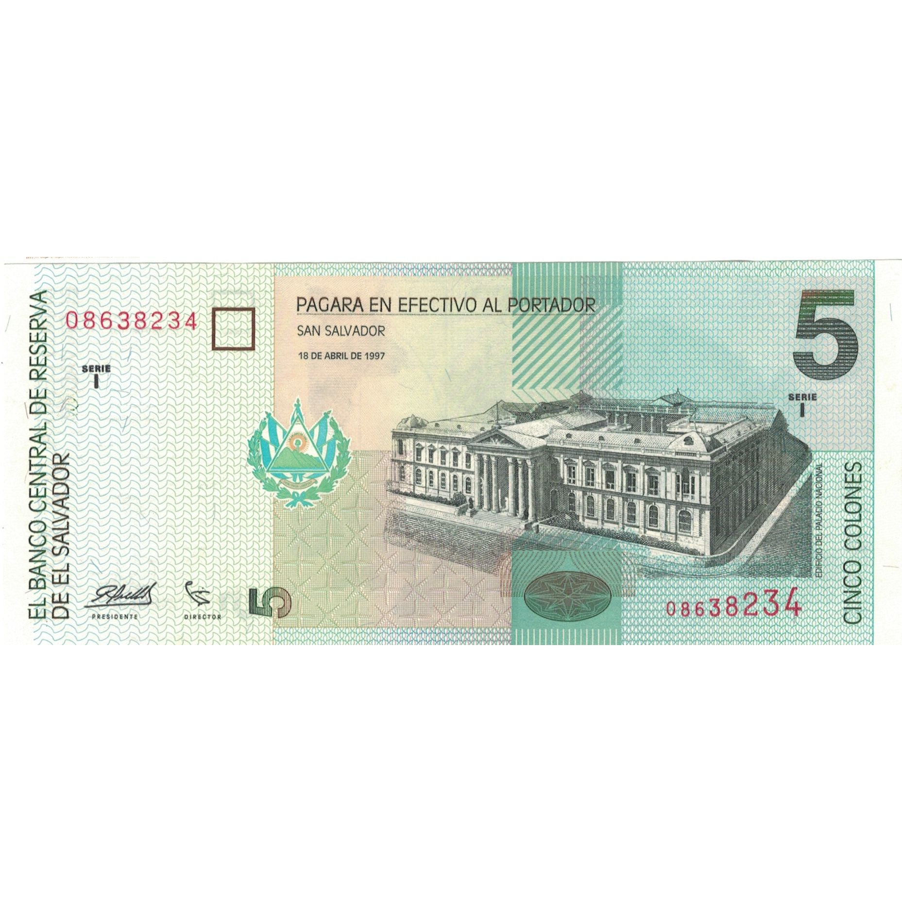 Nota, El Salvador, 5 Colones, 1997, 1997-07-07, KM:147a, UNC(65-70)