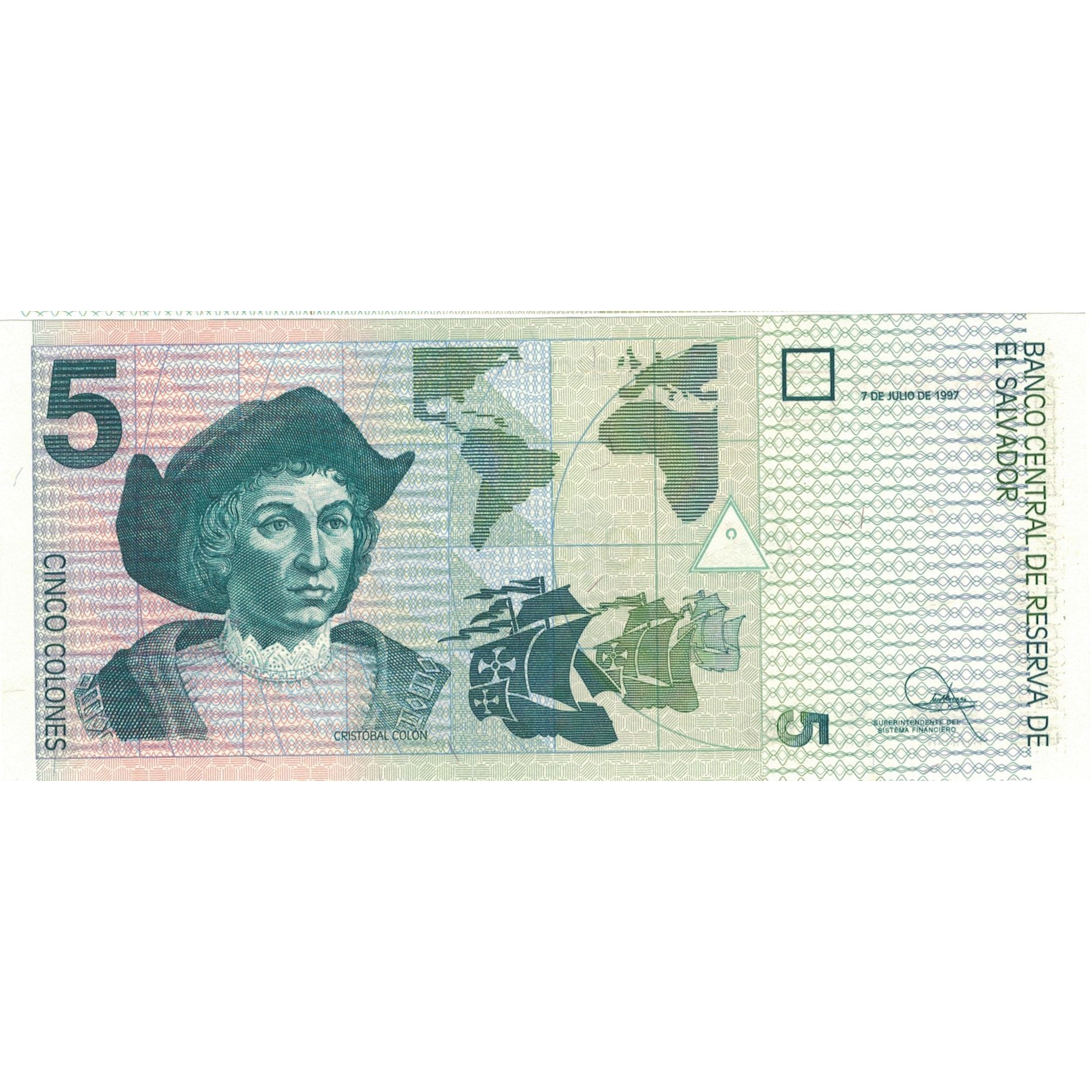 Nota, El Salvador, 5 Colones, 1997, 1997-07-07, KM:147a, UNC(65-70)