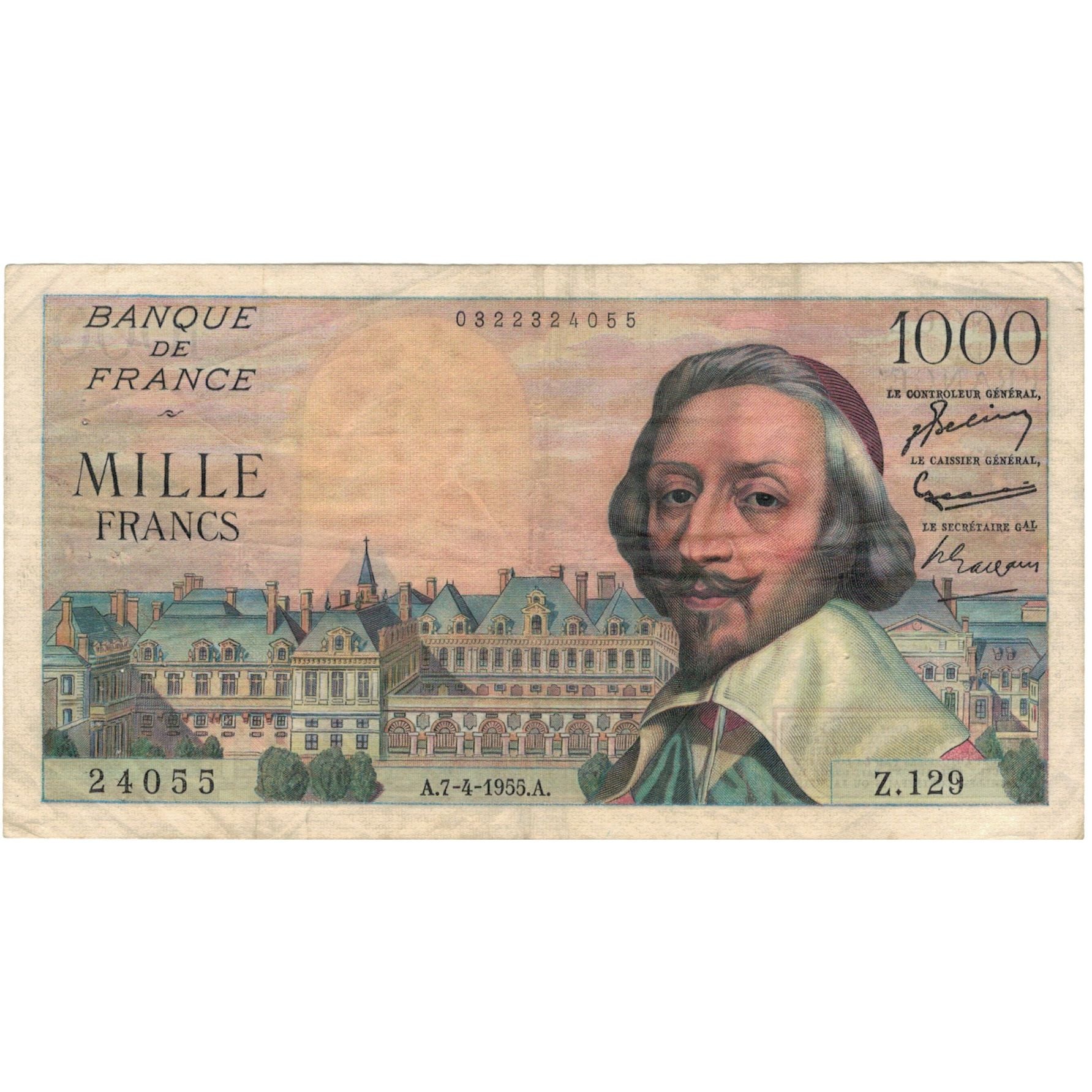 Francja, 1000 Francs, Richelieu, 1955, 1955-04-07, VF(30-35), Fayette:42.12