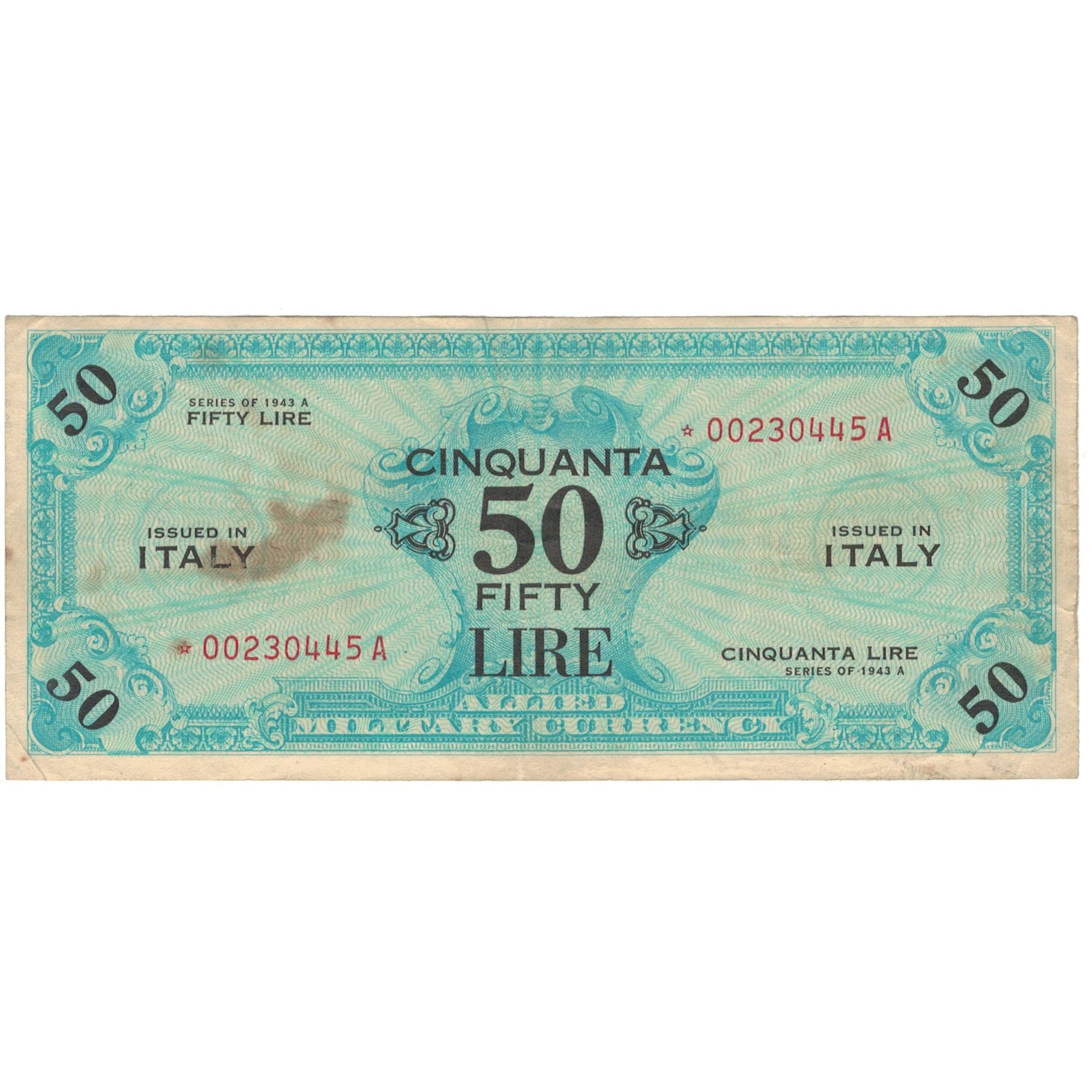 Italy, 50 Lire, 1943A, KM:M20a, Undated, VF(20-25)