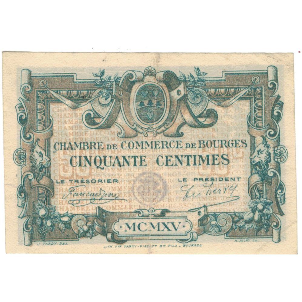 Frankrijk, Bourges, 50 Centimes, 1915, Chambre de Commerce, TTB+, Pirot:32-1