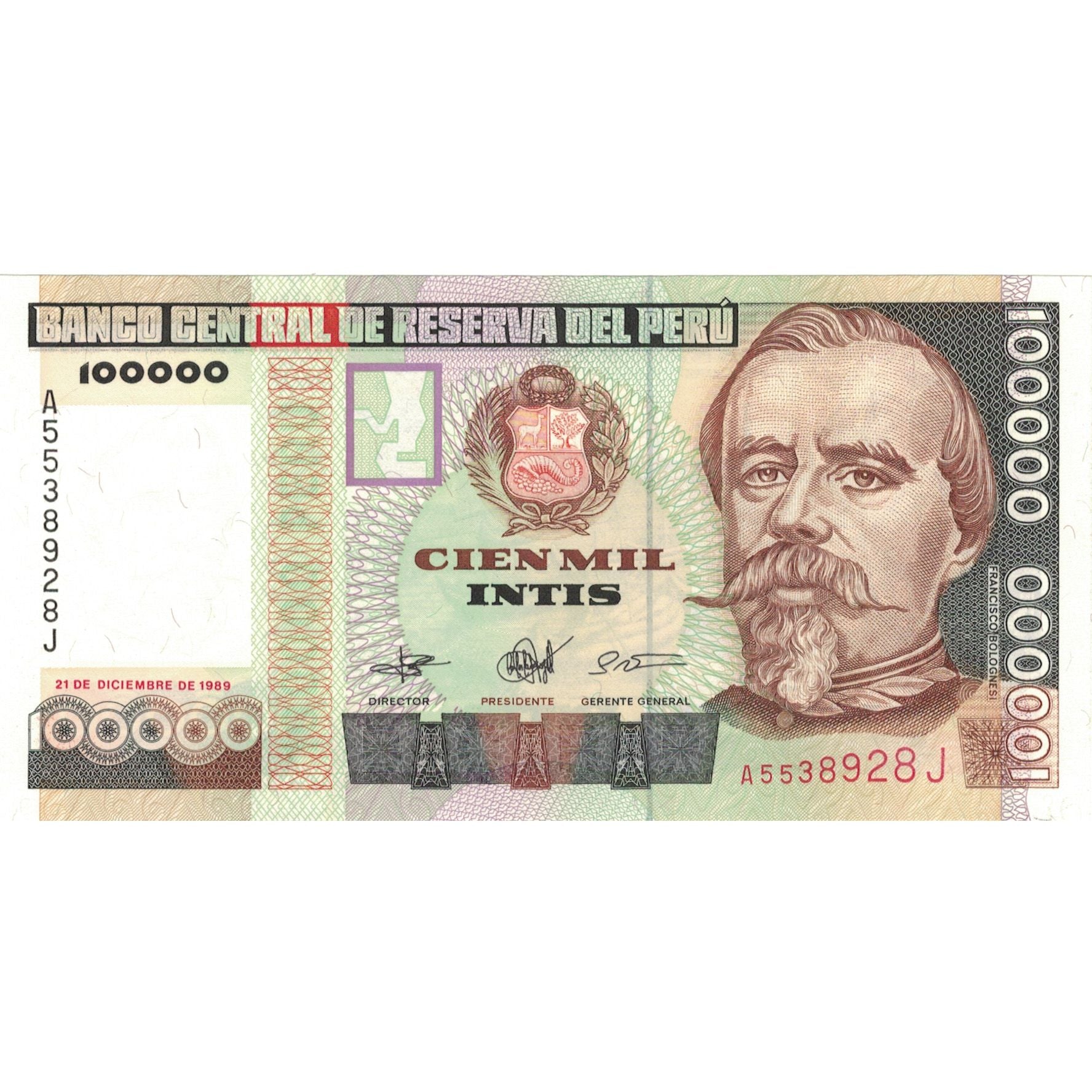 Banknote, Peru, 100,000 Intis, 1989, 1989-12-21, KM:145, UNC(65-70)