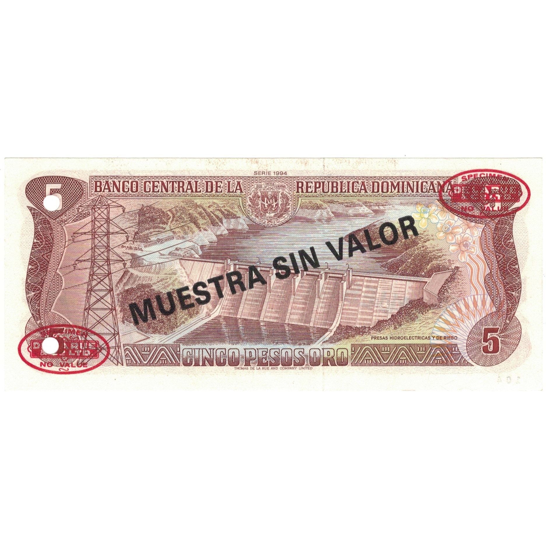 Nota, República Dominicana, 5 Pesos Oro, 1994, 1994, Espécime, KM:146s