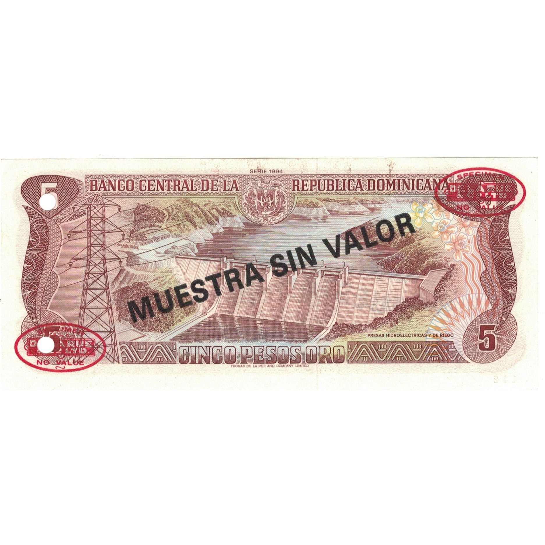 Biljet, Dominicaanse Republiek, 5 Pesos Oro, 1994, 1994, Specimen, KM:146s, SUP+