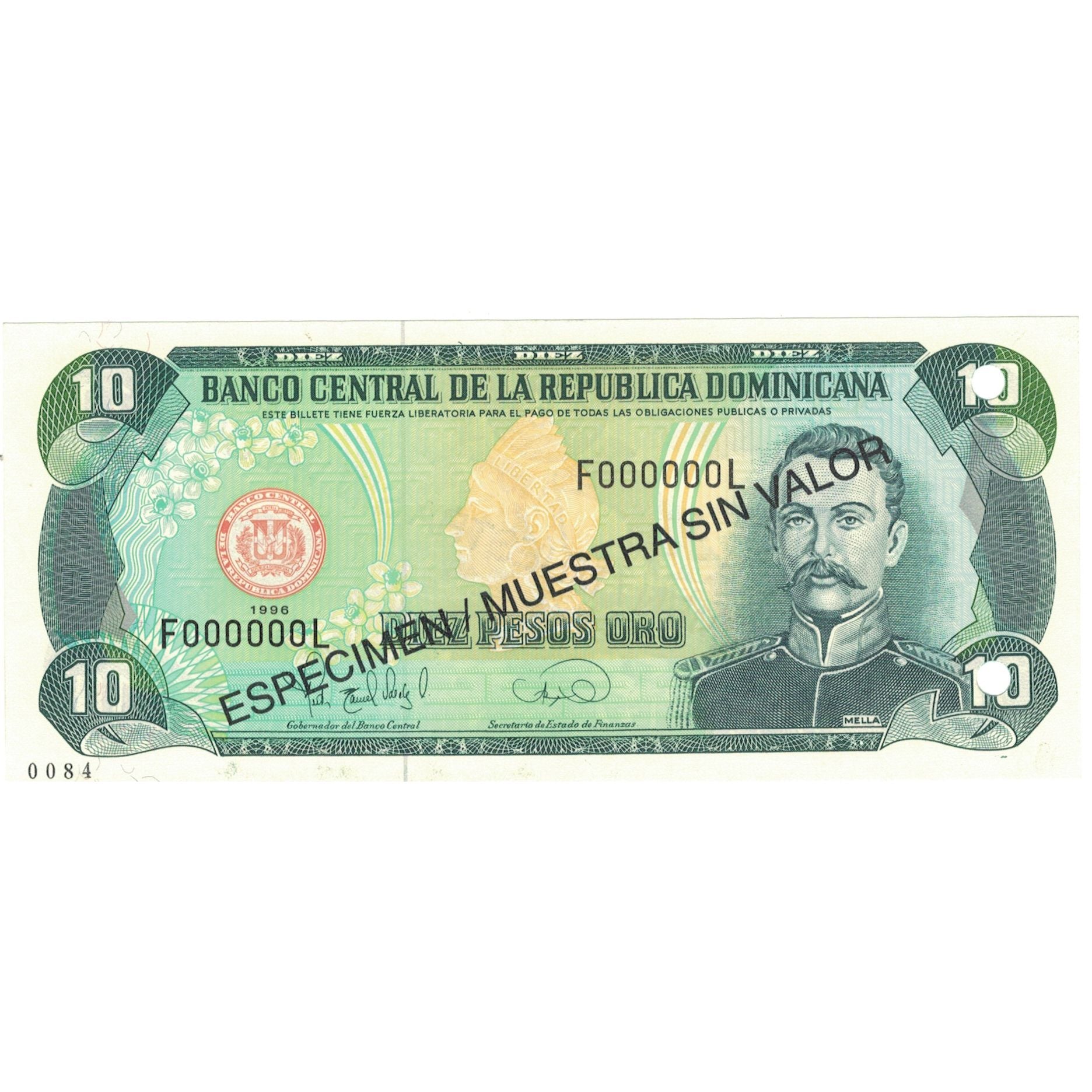 Biljet, Dominicaanse Republiek, 10 Pesos Oro, 1996, 1996, Specimen, KM:153s, SPL