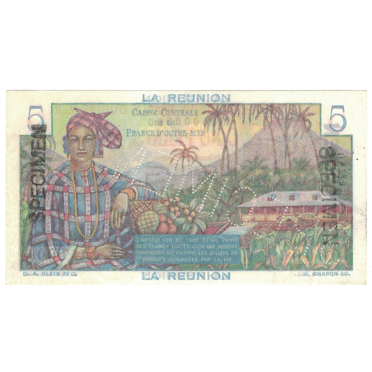 Billet, Réunion, 5 Francs, Specimen, KM:41s, SPL+