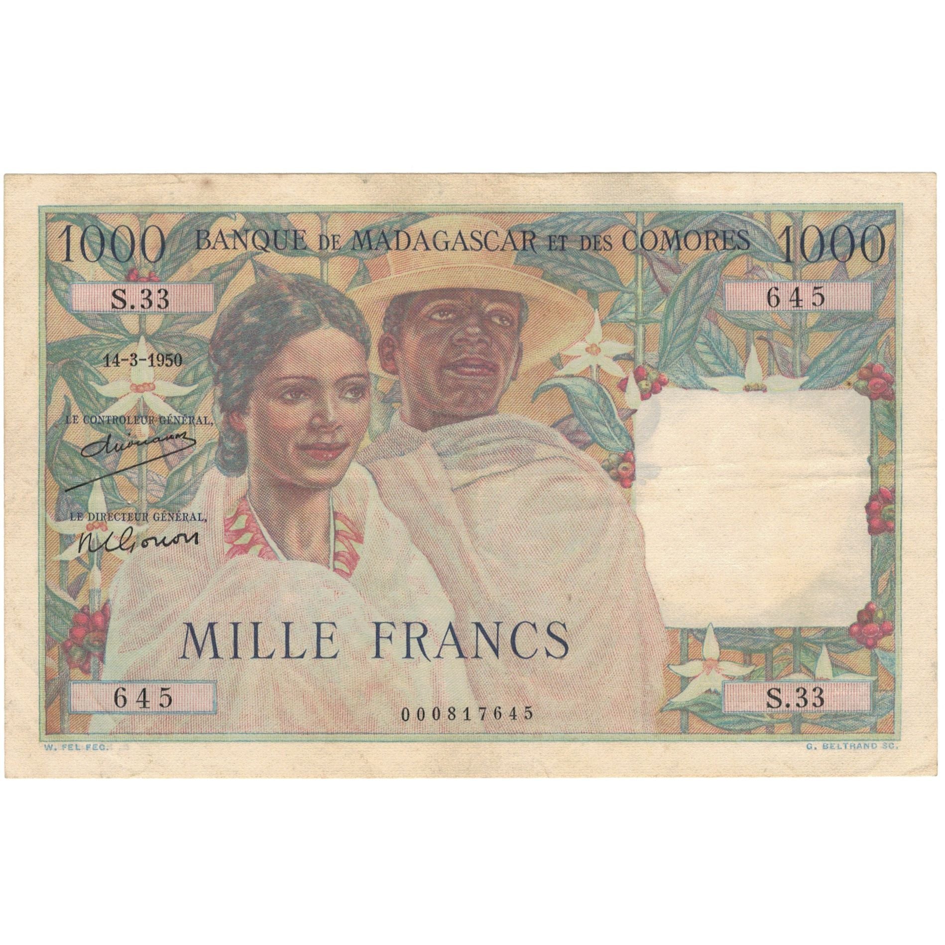 Banknote, Madagascar, 1000 Francs, 1950, 1950-03-14, KM:48a, AU(55-58)