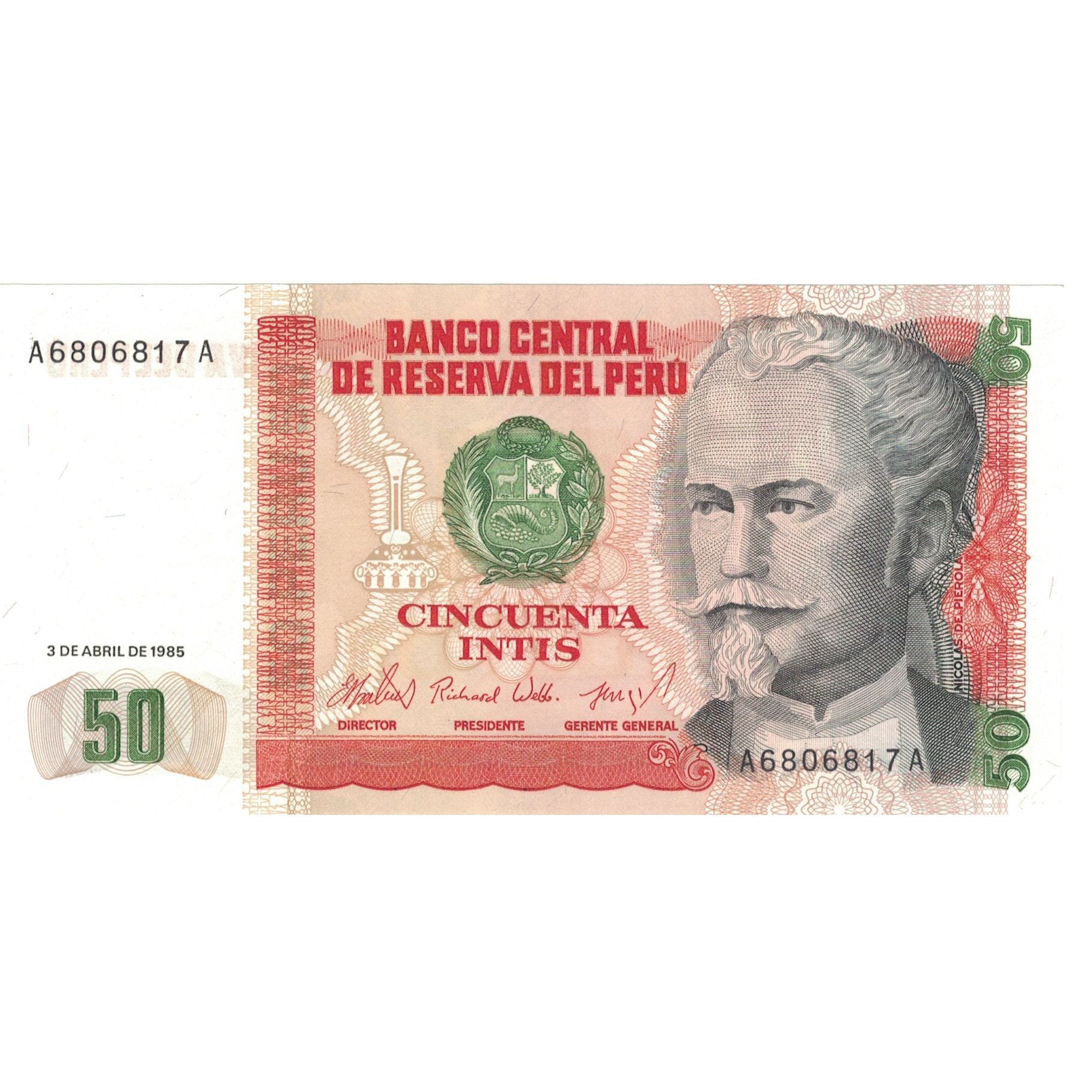 Geldschein, Peru, 50 Intis, 1985, 1985-04-03, KM:130, UNZ-