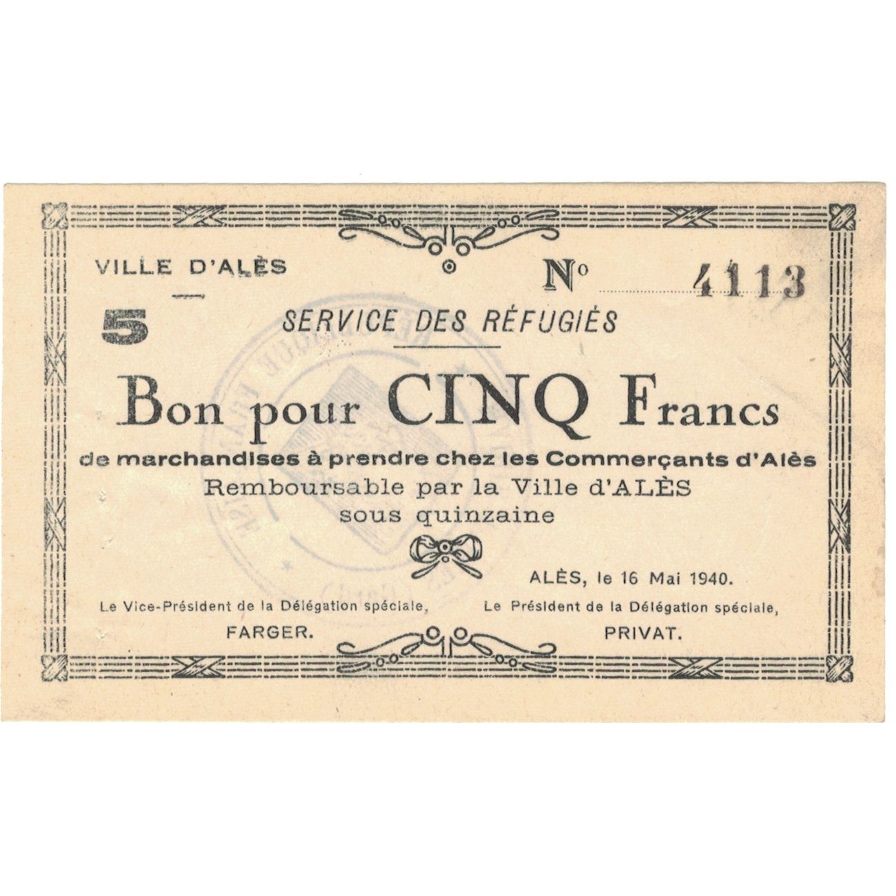França, Alès, 5 Francs, 1940, UNC(60-62)