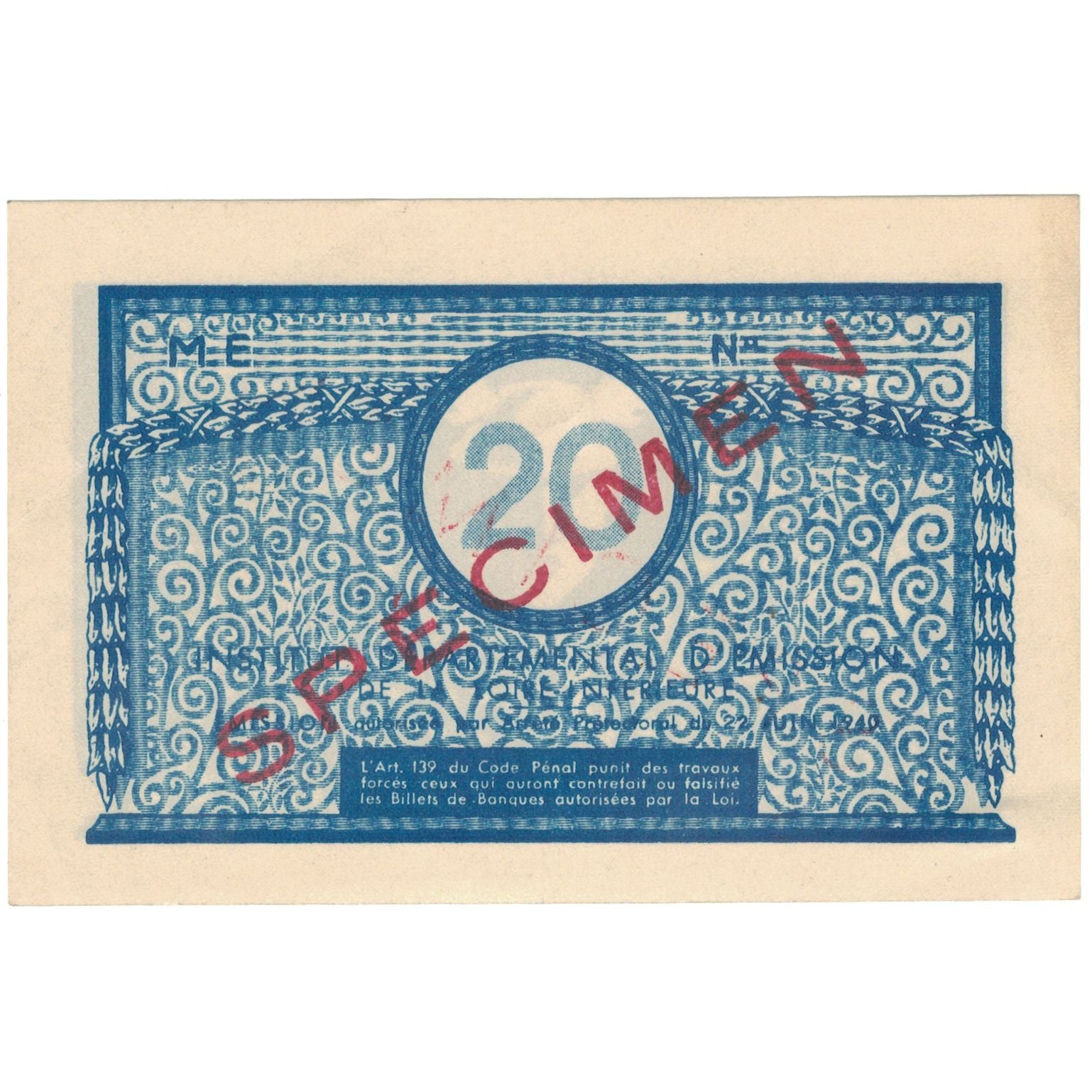 França, Nantes, 20 Francs, Undated (1940), Espécime, UNC(63)