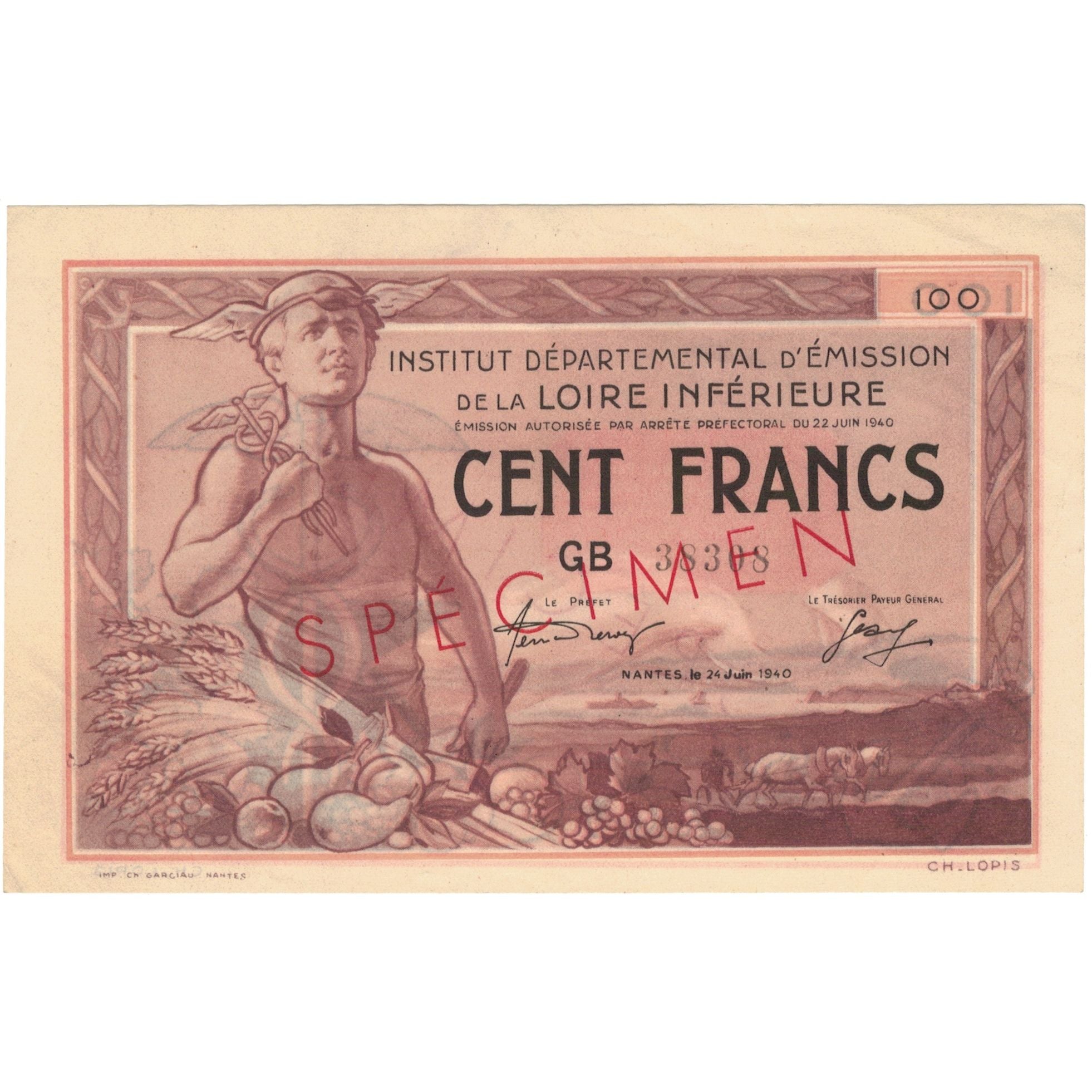 France, Nantes, 100 Francs, 1940, Specimen, UNC(63)