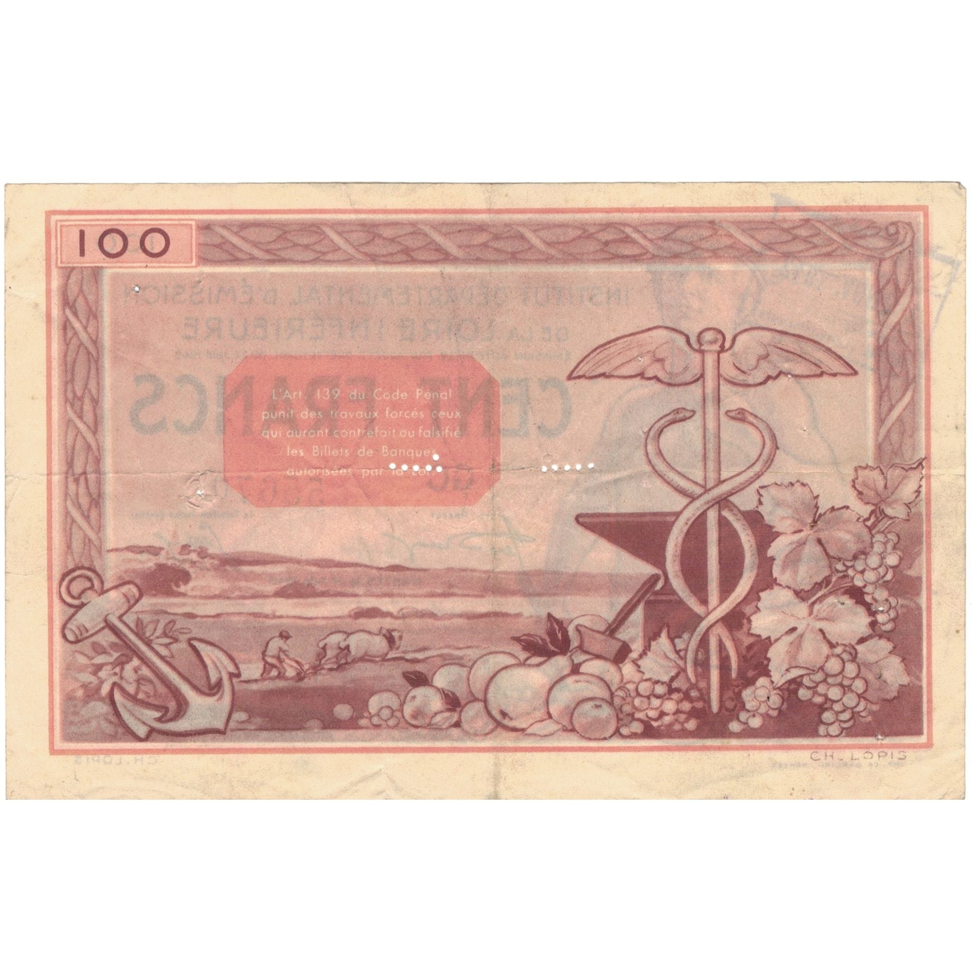 France, Nantes, 100 Francs, 1940, Specimen, AU(50-53)