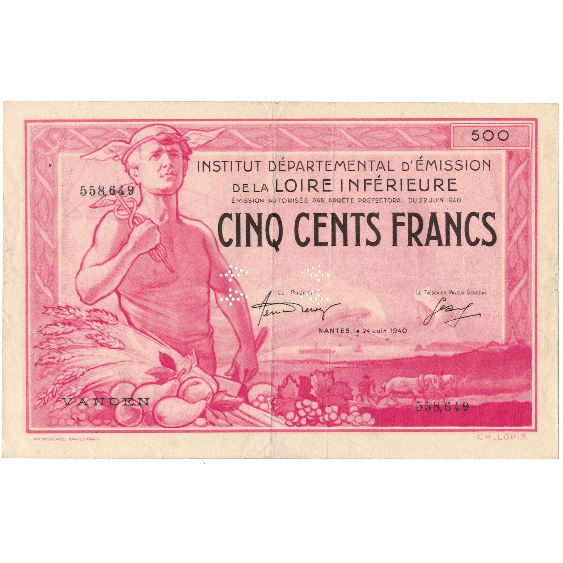 France, Nantes, 500 Francs, 1940, Specimen, SUP