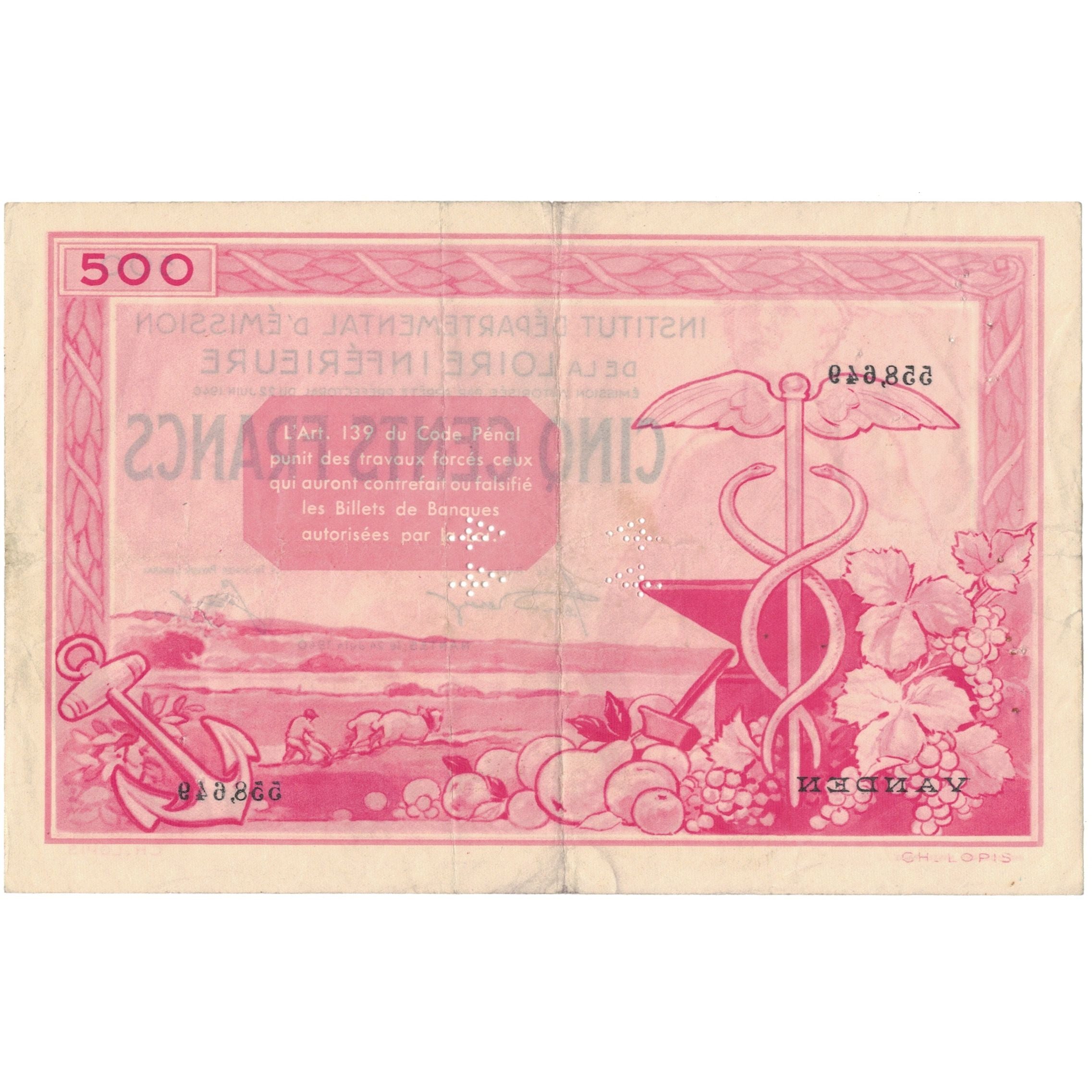 France, Nantes, 500 Francs, 1940, Specimen, SUP