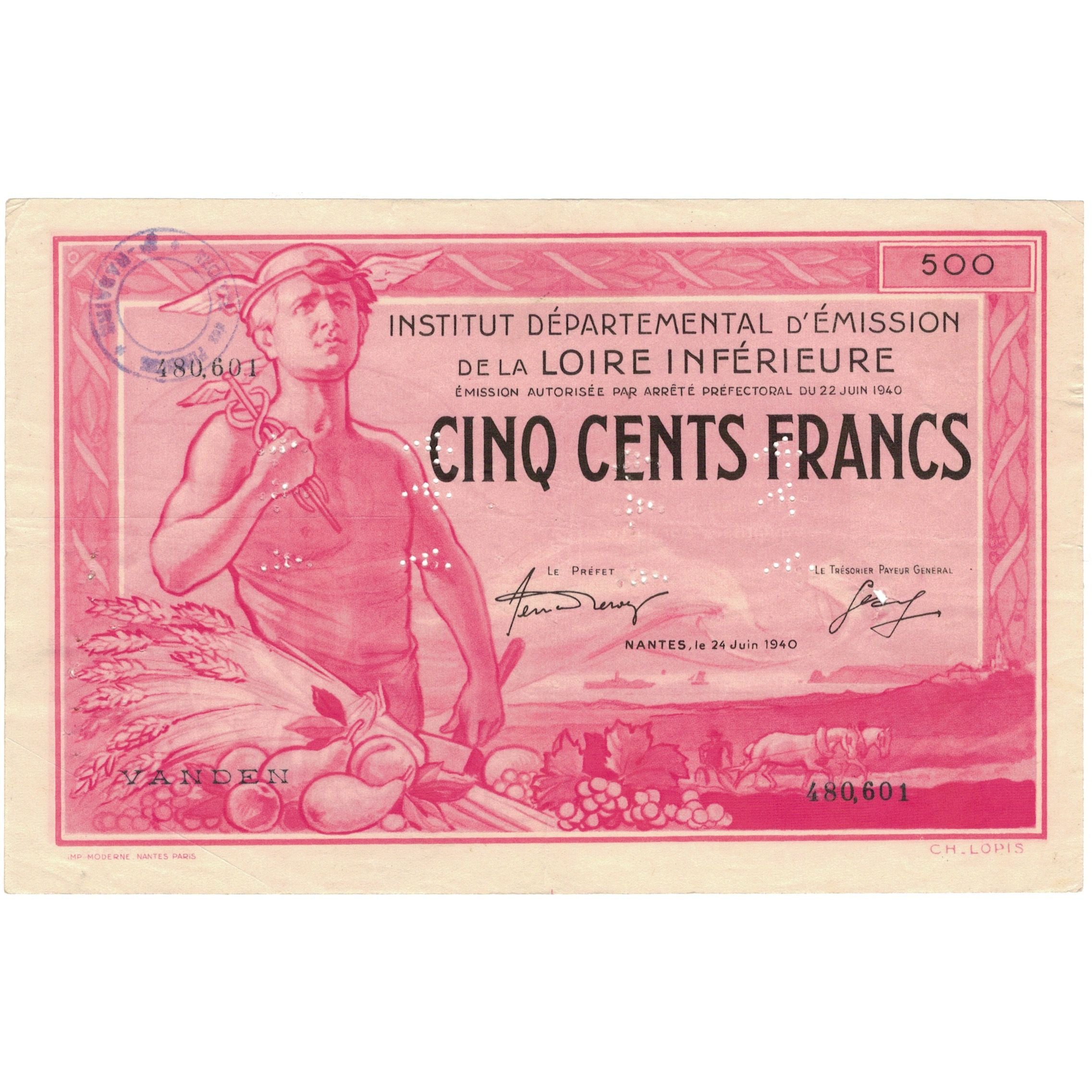 France, Nantes, 500 Francs, 1940, Specimen, UNC(64)