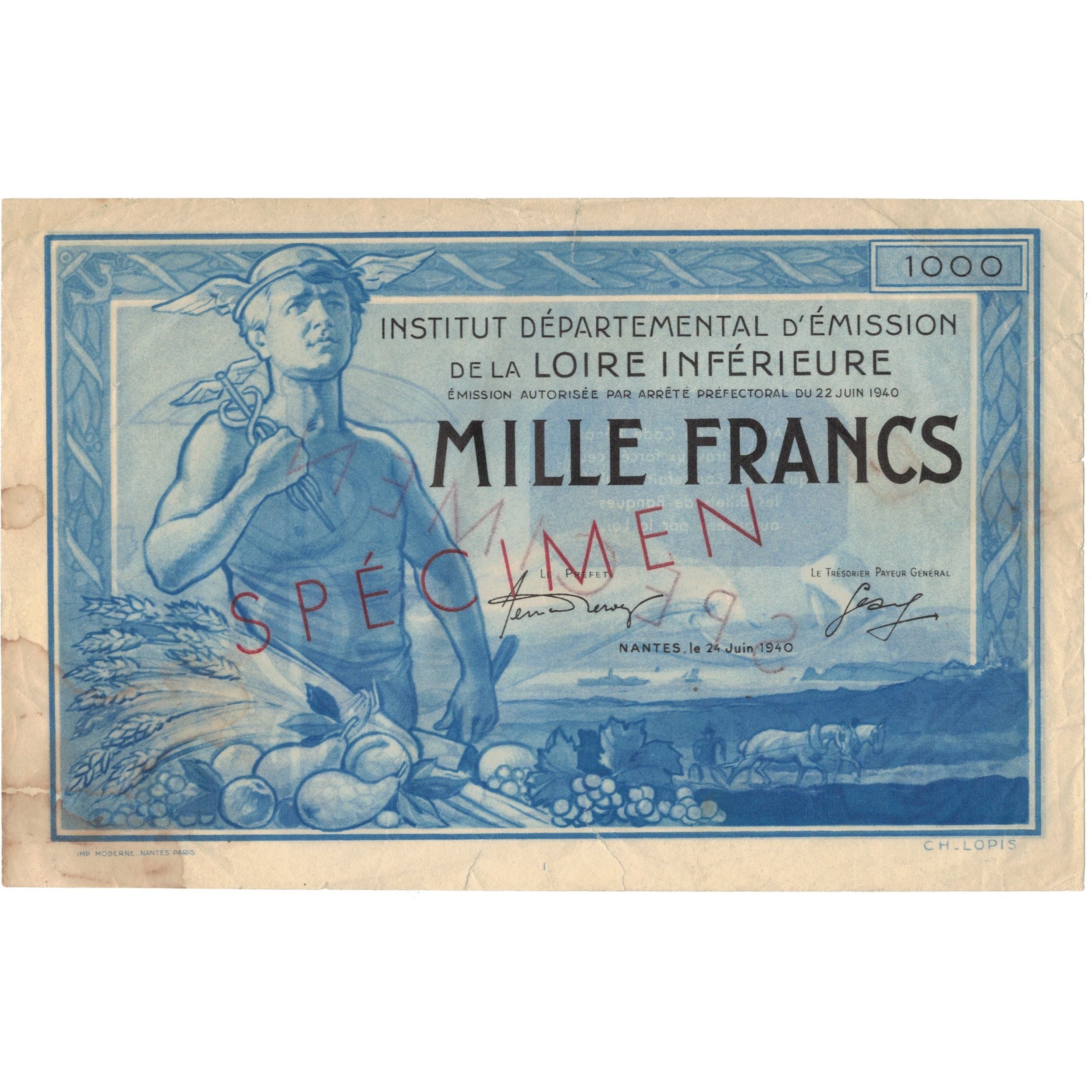 France, Nantes, 1000 Francs, 1940, Specimen, TTB