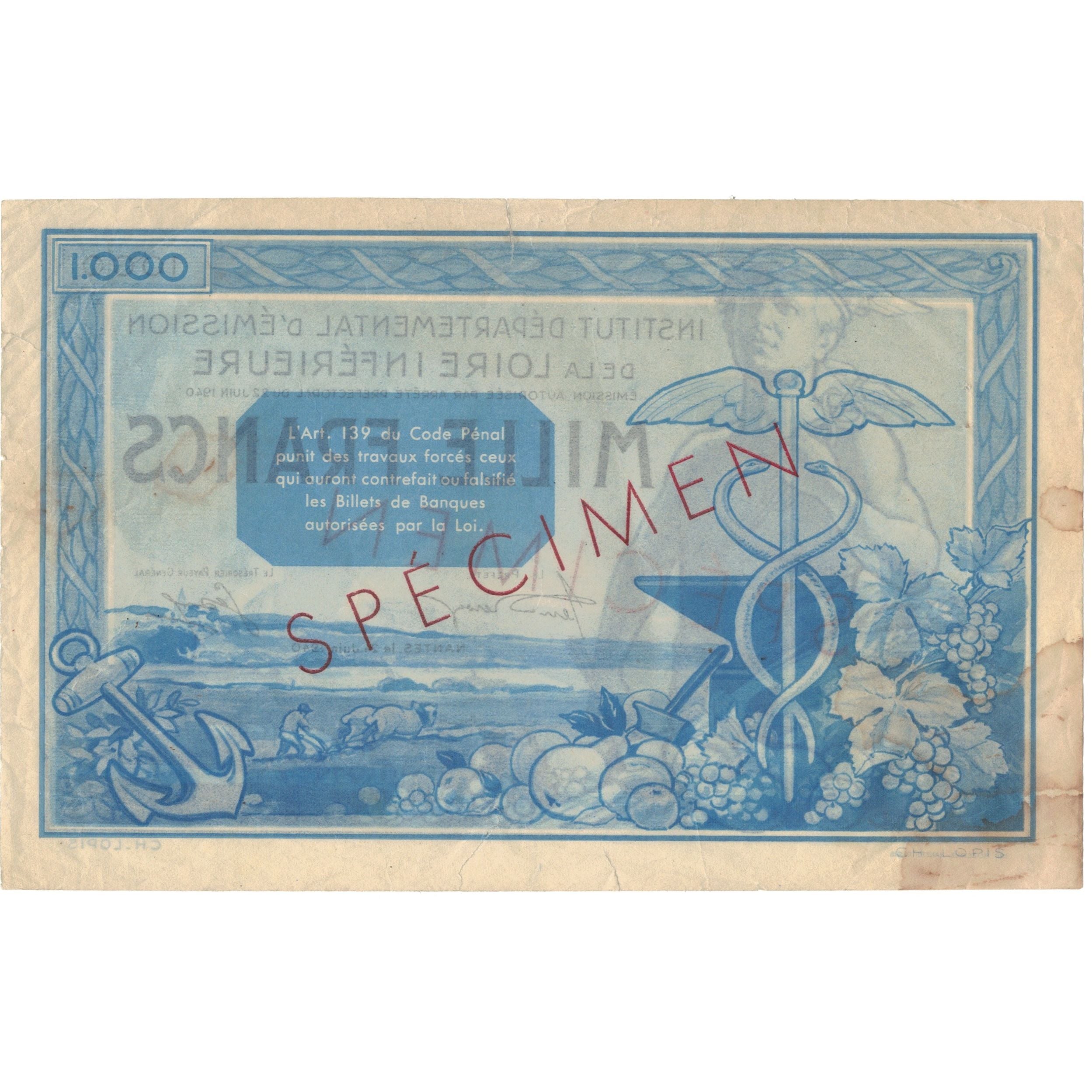 France, Nantes, 1000 Francs, 1940, Specimen, TTB