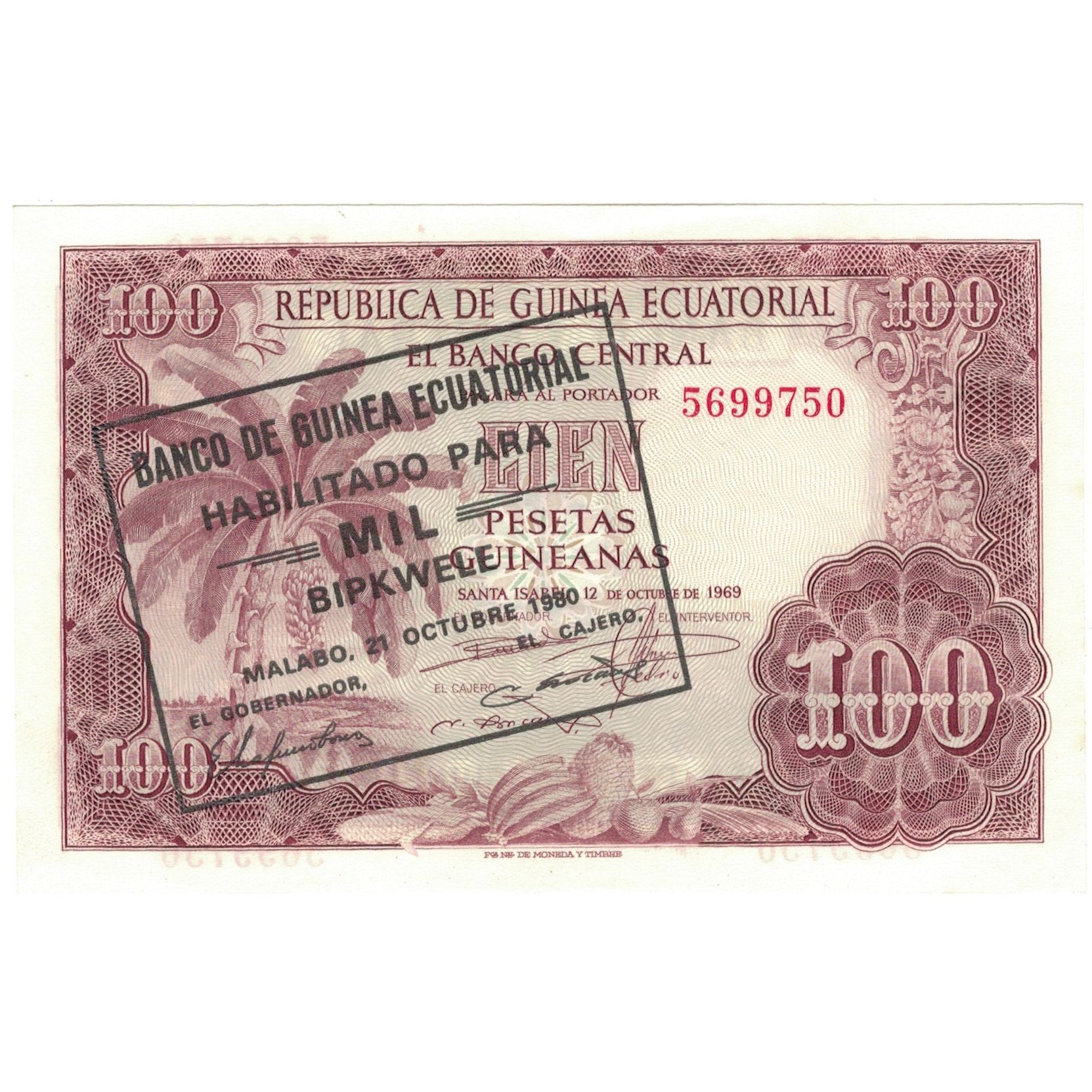 Banconote, Guinea equatoriale, 1000 Bipkwele on 100 Pesetas, 1980, 1980-10-21