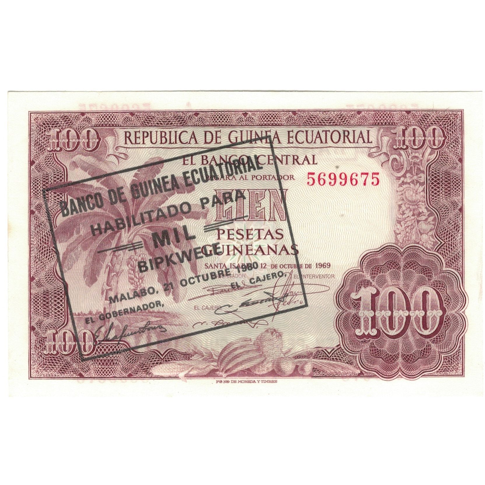 Banconote, Guinea equatoriale, 1000 Bipkwele on 100 Pesetas, 1980, 1980-10-21
