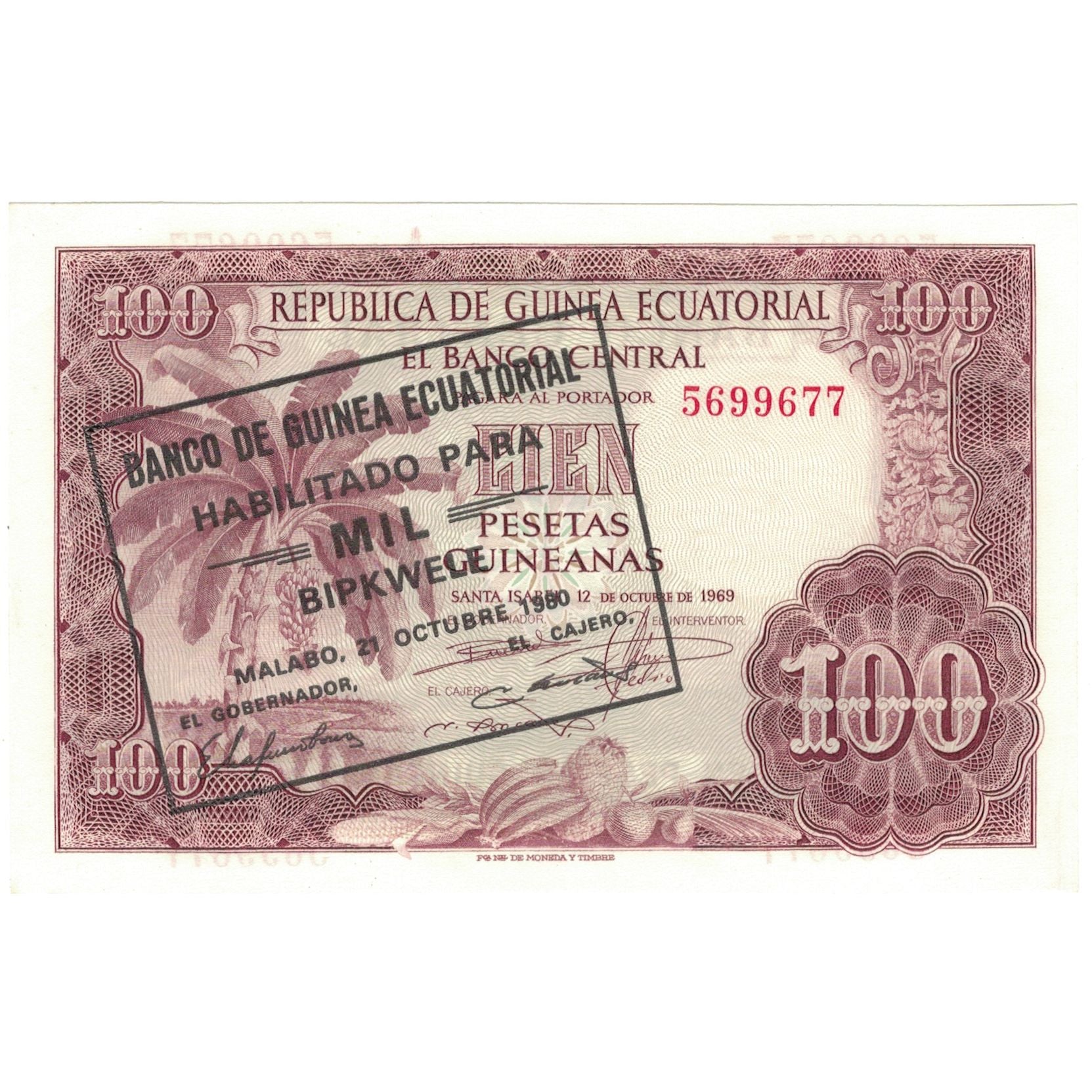 Geldschein, Equatorial Guinea, 1000 Bipkwele on 100 Pesetas, 1980, 1980-10-21