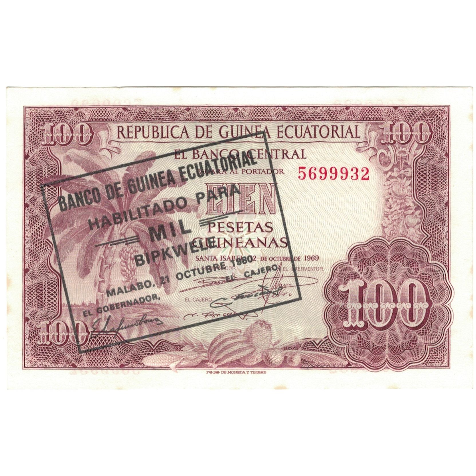 Banconote, Guinea equatoriale, 1000 Bipkwele on 100 Pesetas, 1980, 1980-10-21