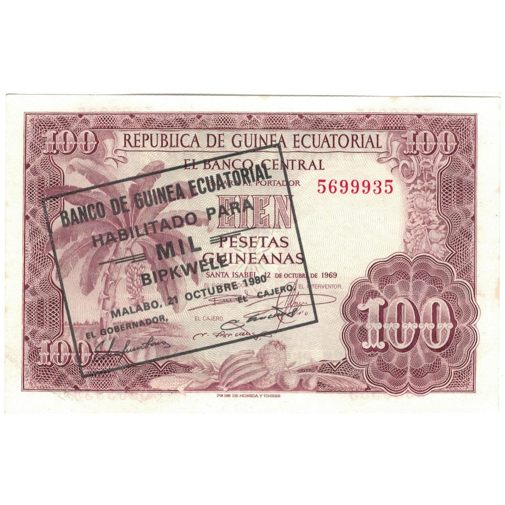 Banconote, Guinea equatoriale, 1000 Bipkwele on 100 Pesetas, 1980, 1980-10-21