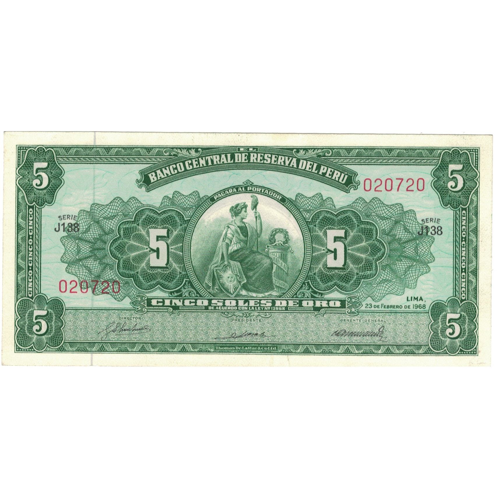 Billet, Pérou, 5 Soles De Oro, 1968, 1968-02-23, KM:83a, SPL+