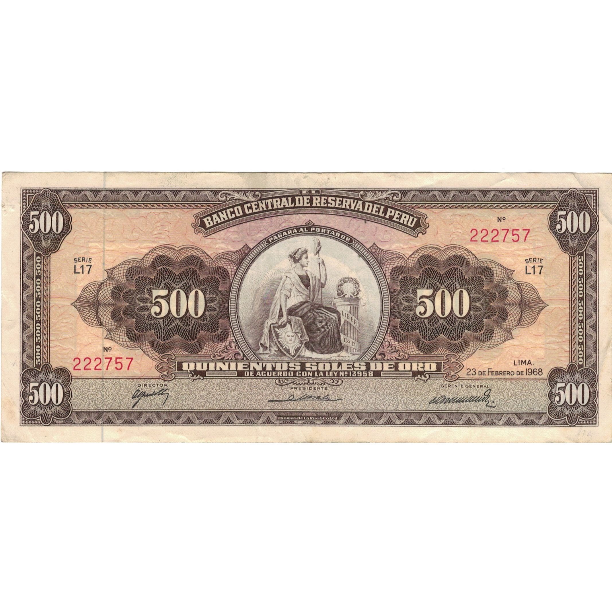 Banconote, Perù, 500 Soles De Oro, 1968, 1968-02-23, KM:87a, BB