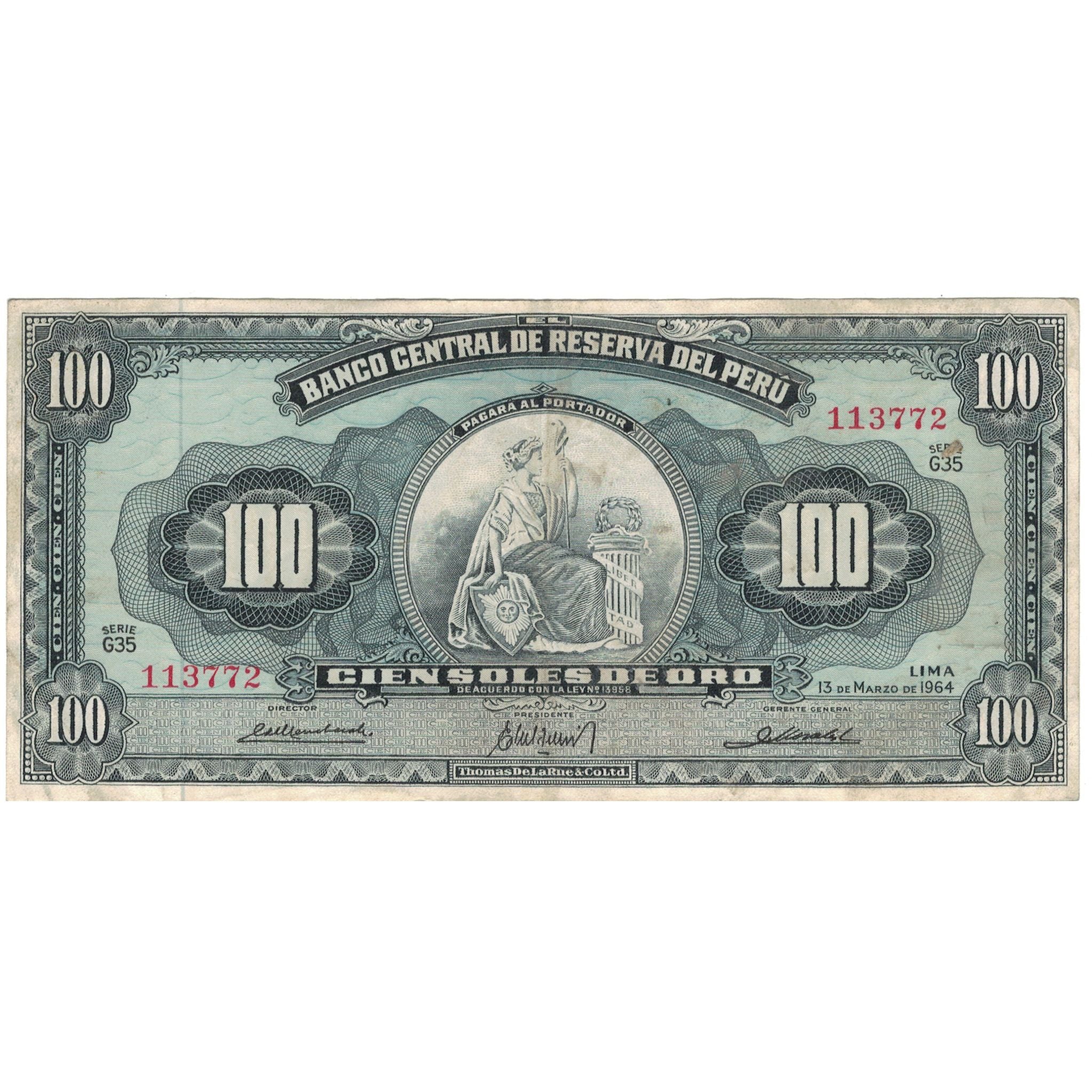 Geldschein, Peru, 100 Soles De Oro, 1964, 1964-03-13, KM:86a, SS