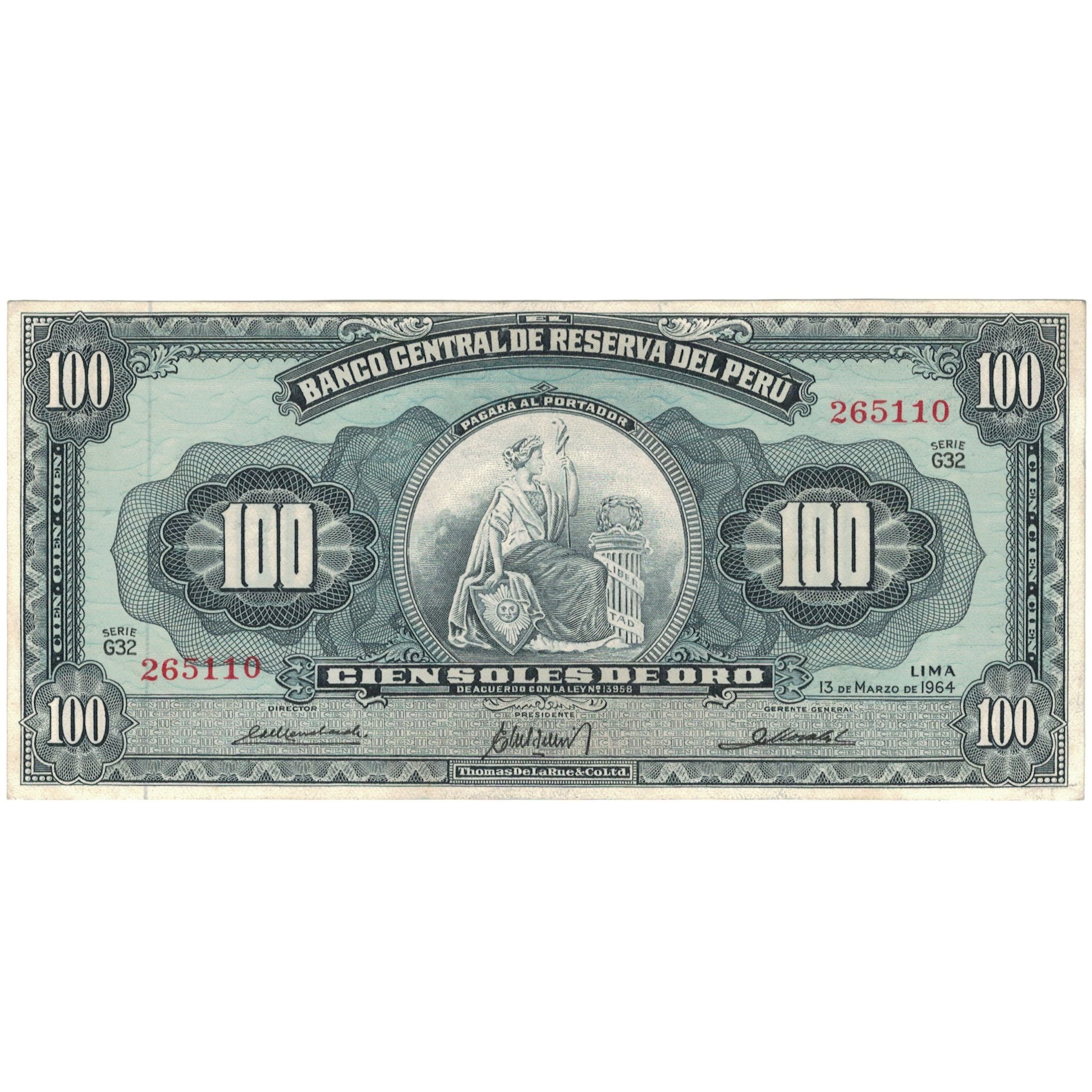 Billete, 100 Soles De Oro, 1964, Perú, 1964-03-13, KM:86a, MBC