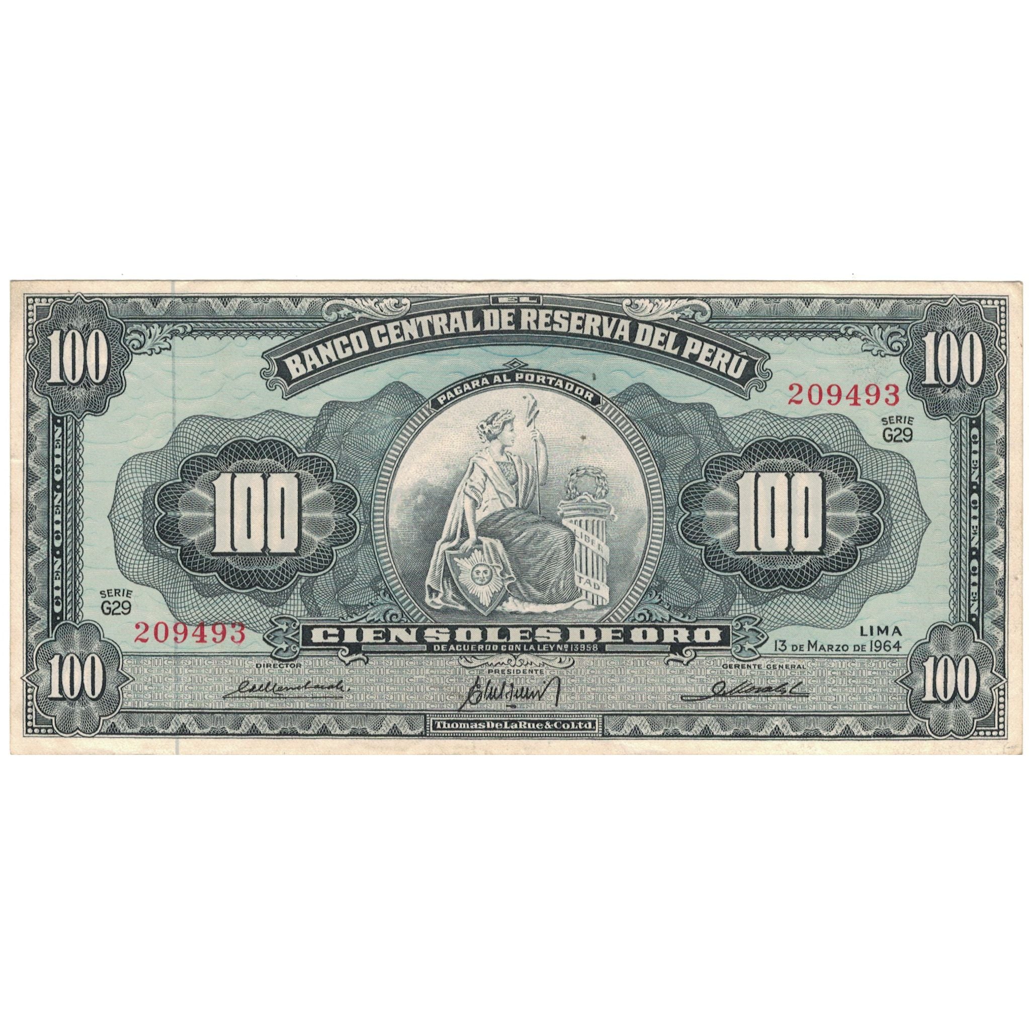 Billete, 100 Soles De Oro, 1964, Perú, 1964-03-13, KM:86a, MBC