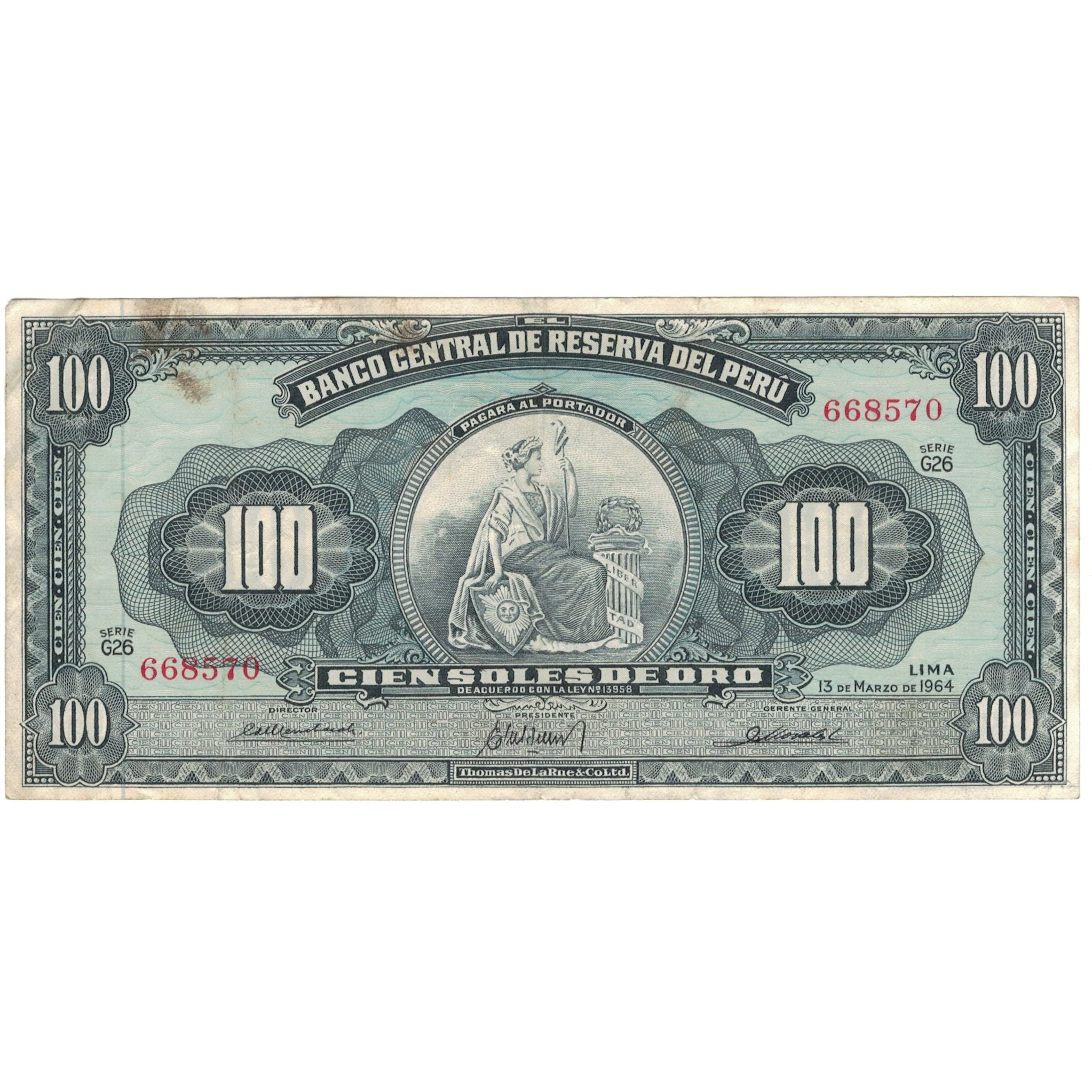 Geldschein, Peru, 100 Soles De Oro, 1964, 1964-03-13, KM:86a, S