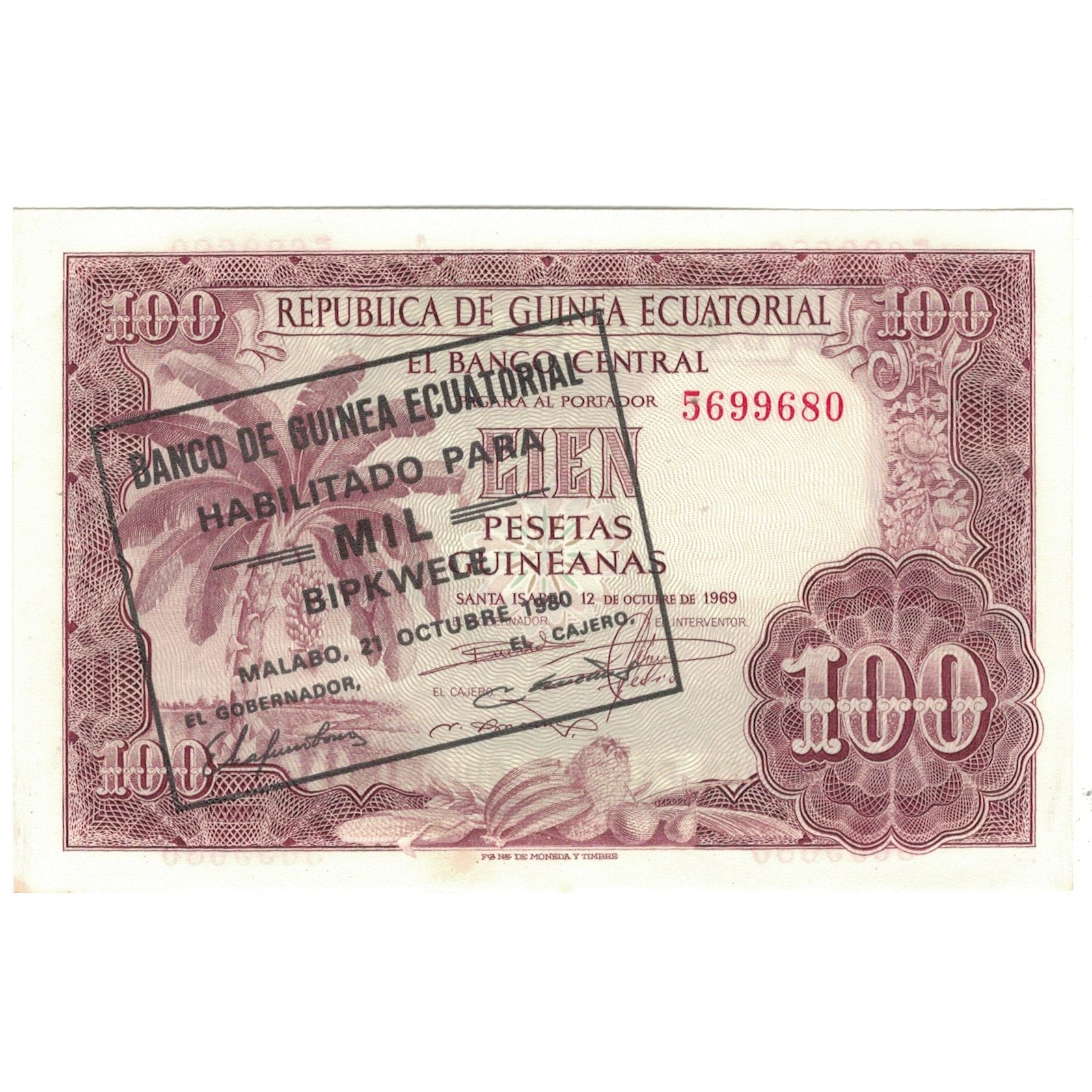 Banknote, Equatorial Guinea, 1000 Bipkwele on 100 Pesetas, 1980, 1980-10-21