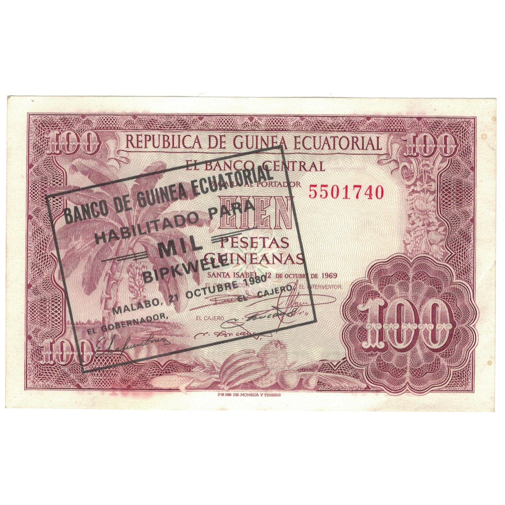 Banconote, Guinea equatoriale, 1000 Bipkwele on 100 Pesetas, 1980, 1980-10-21