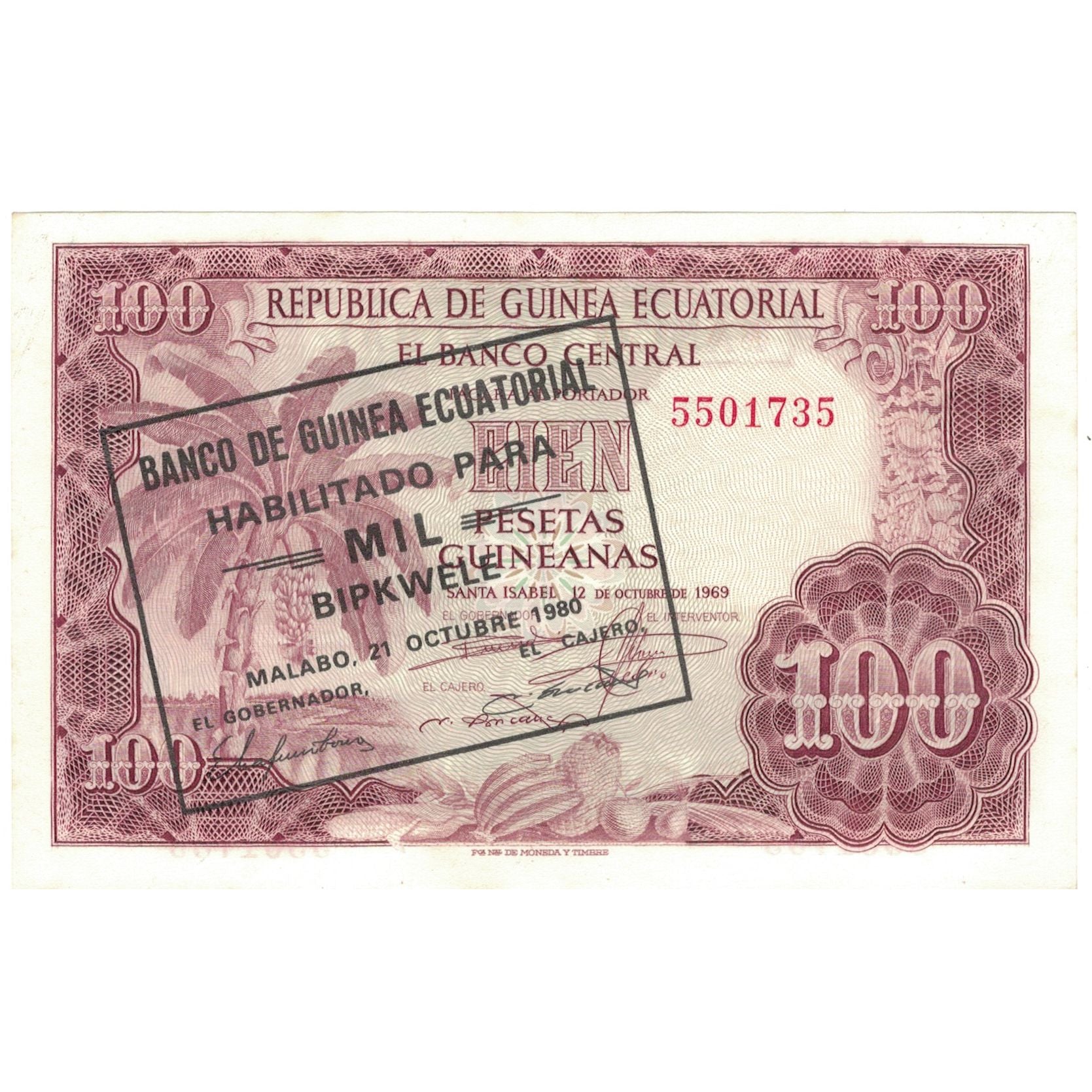 Banconote, Guinea equatoriale, 1000 Bipkwele on 100 Pesetas, 1980, 1980-10-21