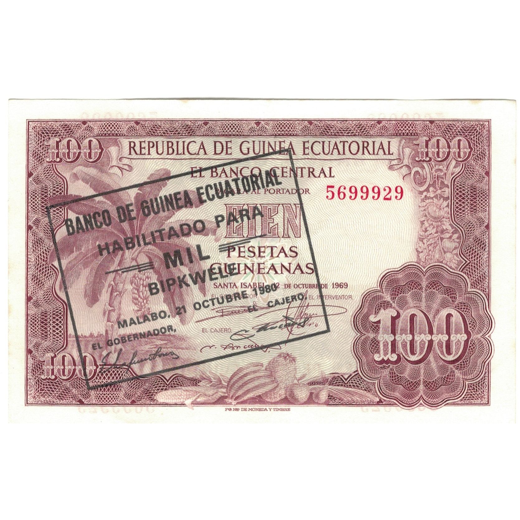 Geldschein, Equatorial Guinea, 1000 Bipkwele on 100 Pesetas, 1980, 1980-10-21