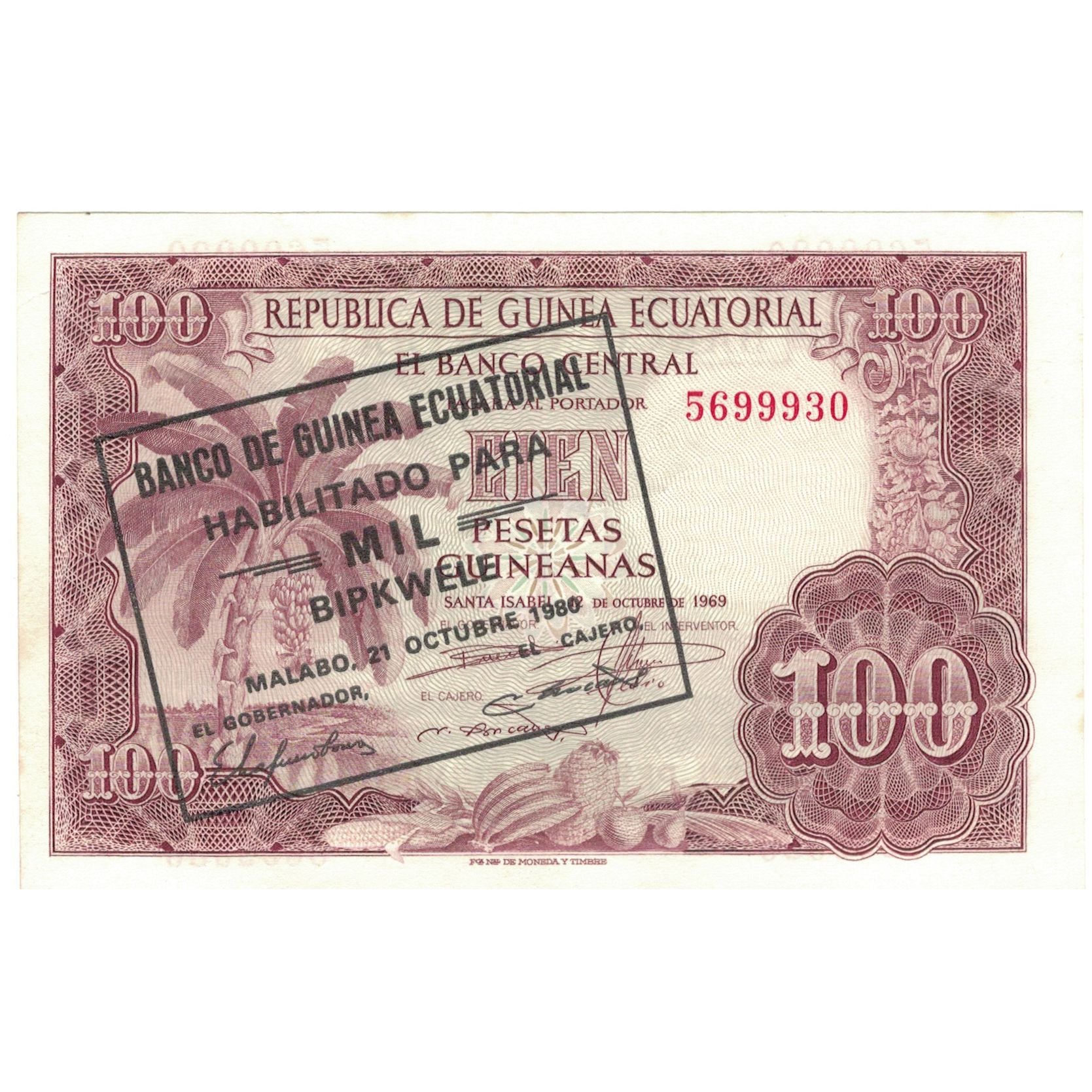 Banconote, Guinea equatoriale, 1000 Bipkwele on 100 Pesetas, 1980, 1980-10-21