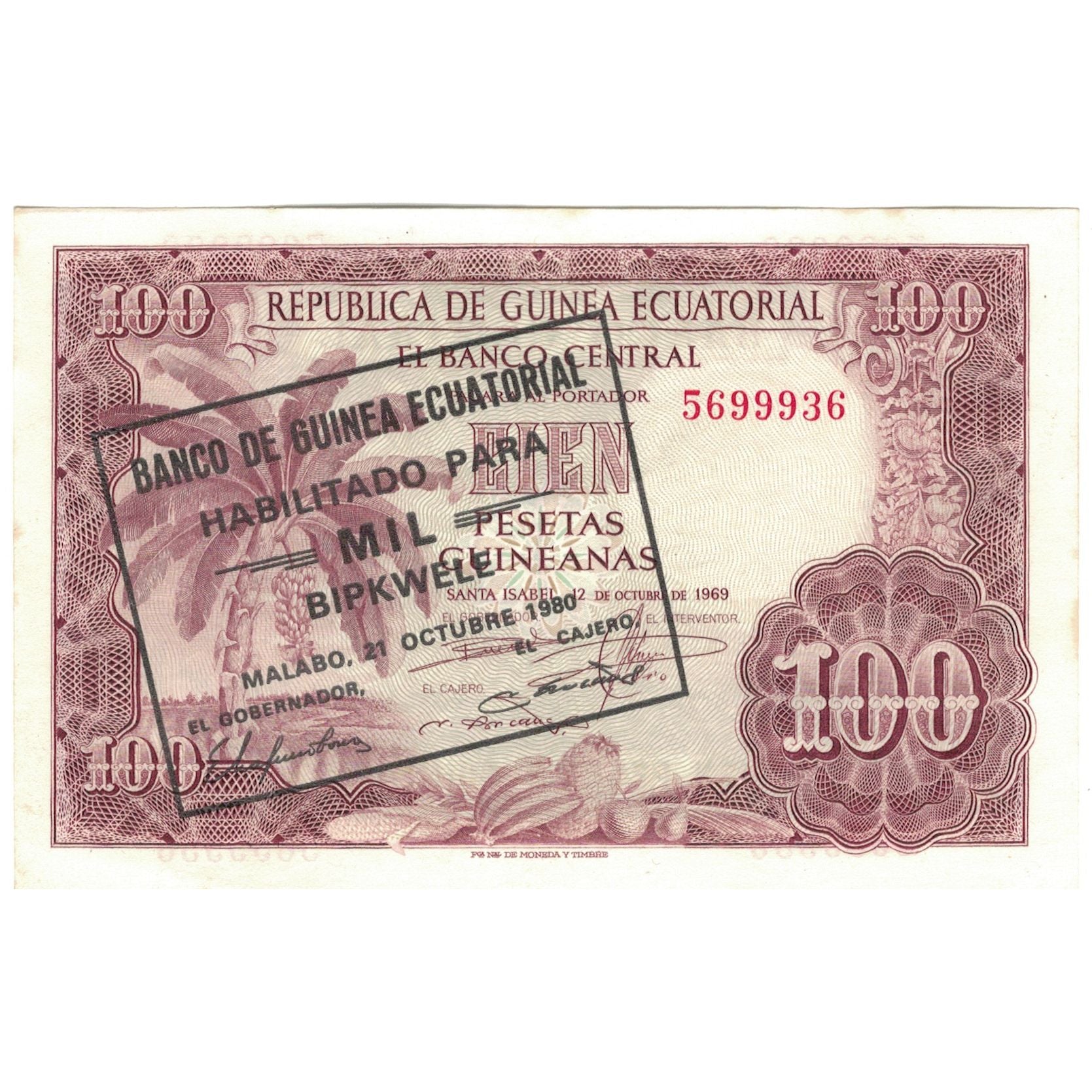 Banknot, Gwinea Równikowa, 1000 Bipkwele on 100 Pesetas, 1980, 1980-10-21