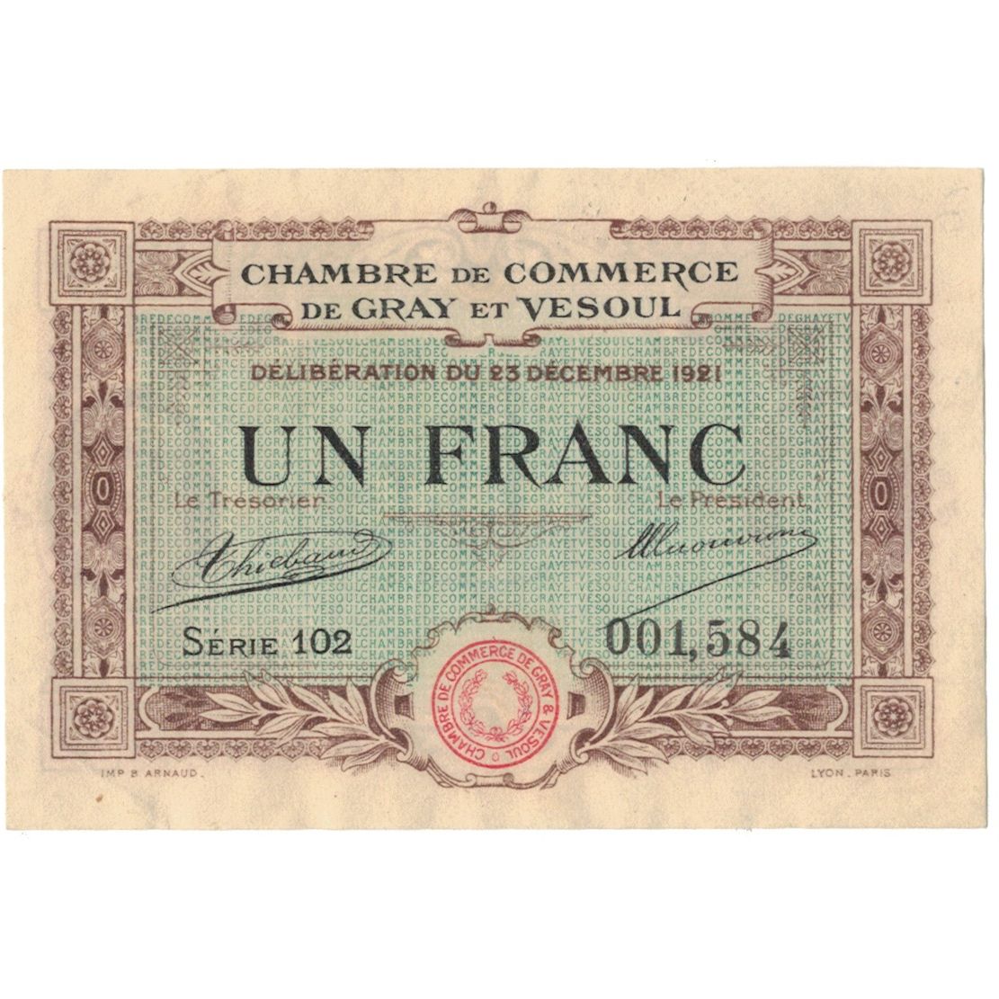 France, Gray et Vesoul, 1 Franc, 1921, SUP+