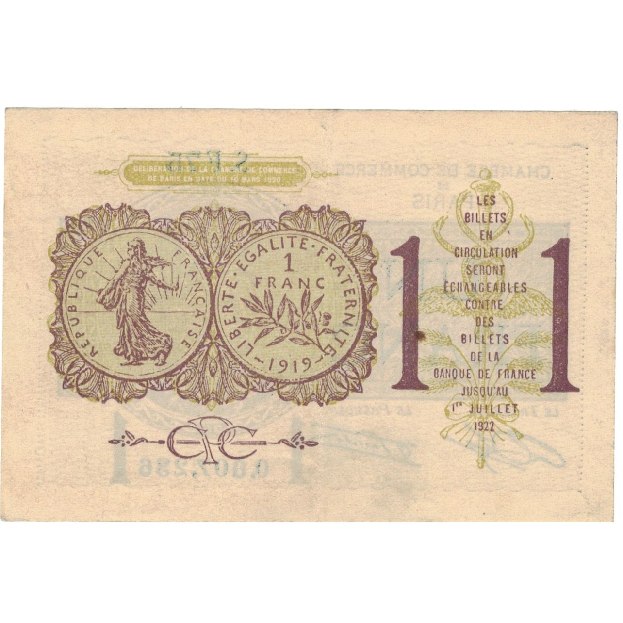 Frankreich, Paris, 1 Franc, 1920, SS, Pirot:97-23