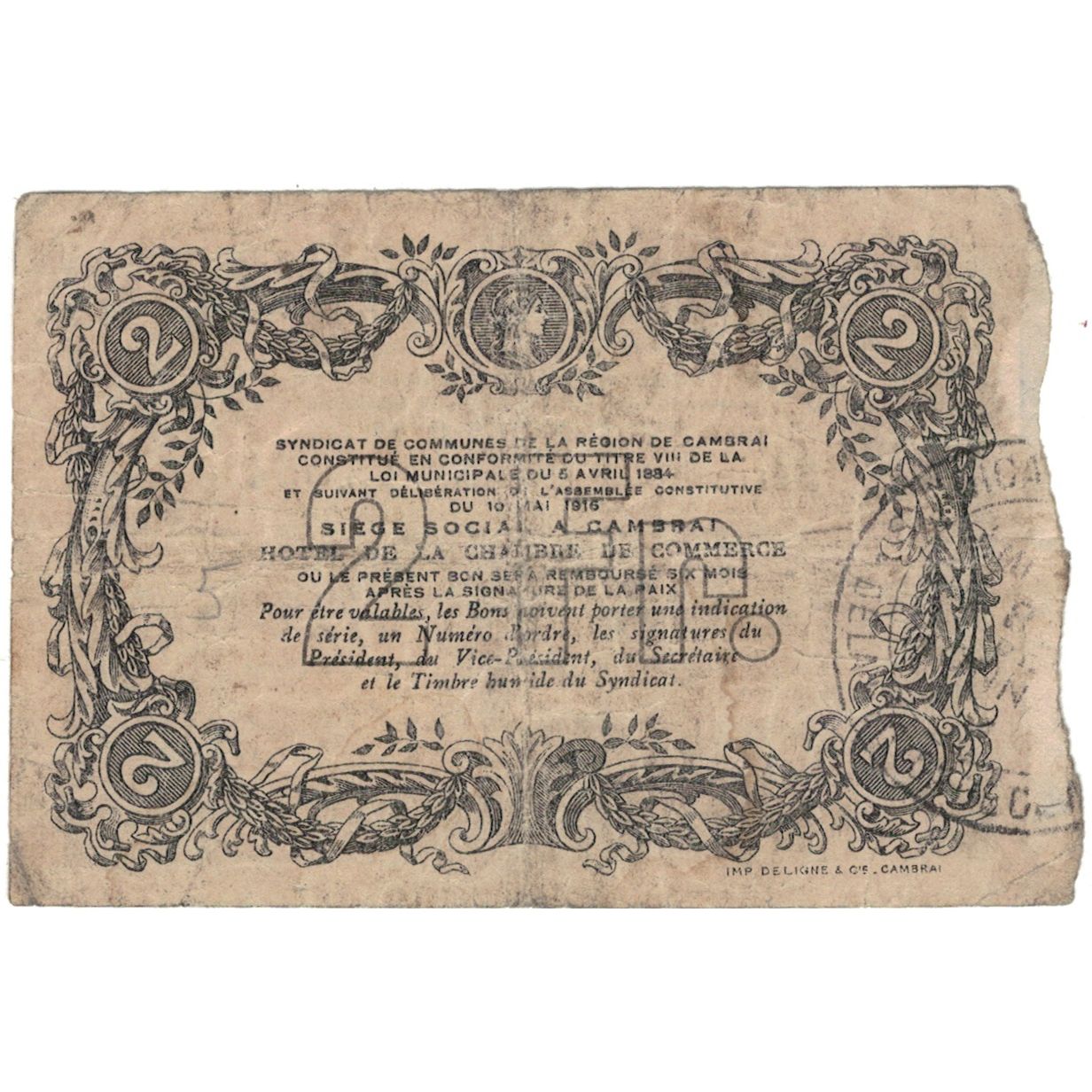 Frankreich, Cambrai, 2 Francs, 1916, S+, Pirot:59-487