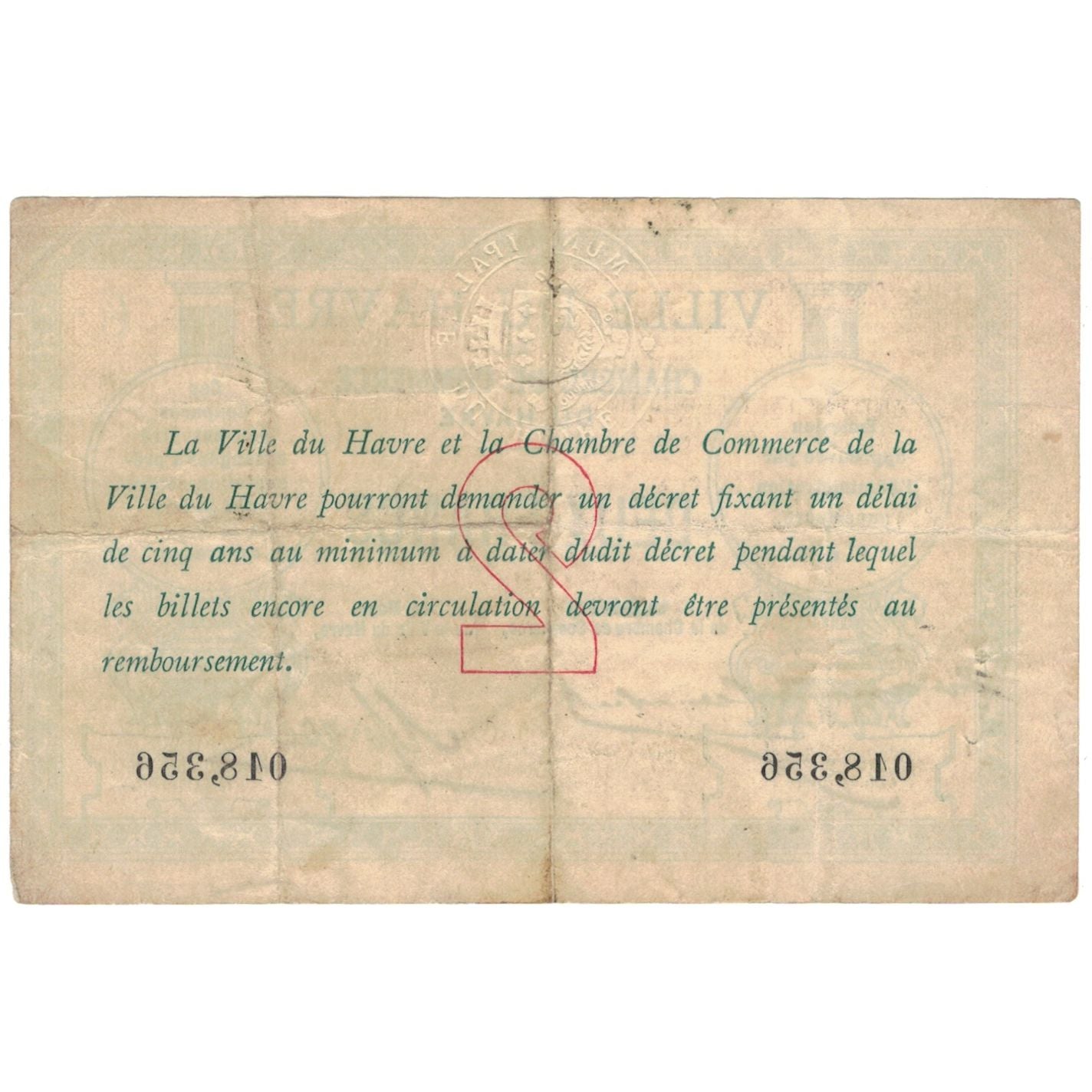France, 2 Francs, PIROT 68-12, 1915, Le Havre, EF(40-45)
