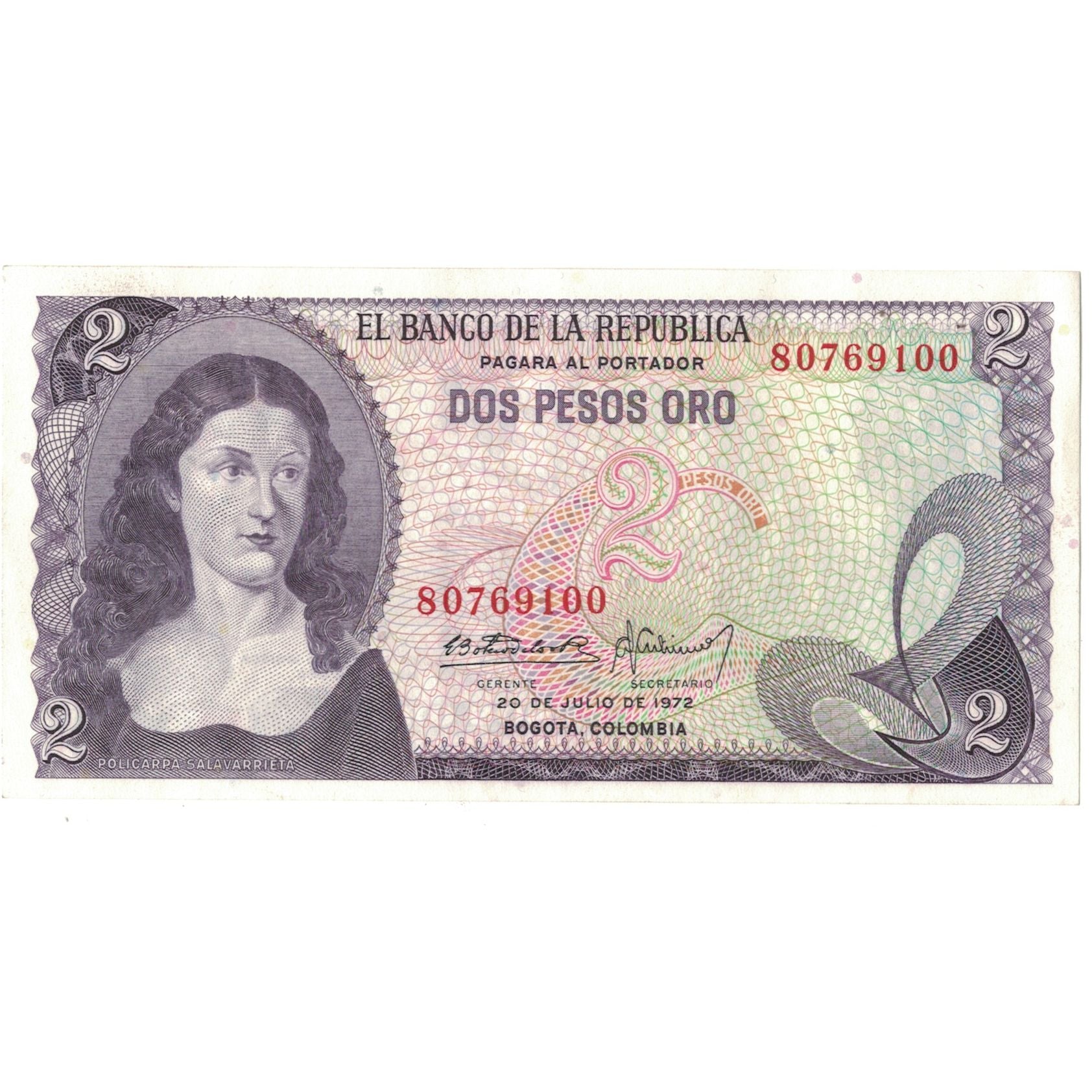Biljet, Colombia, 2 Pesos Oro, 1972, 1972-01-01, KM:413a, SPL
