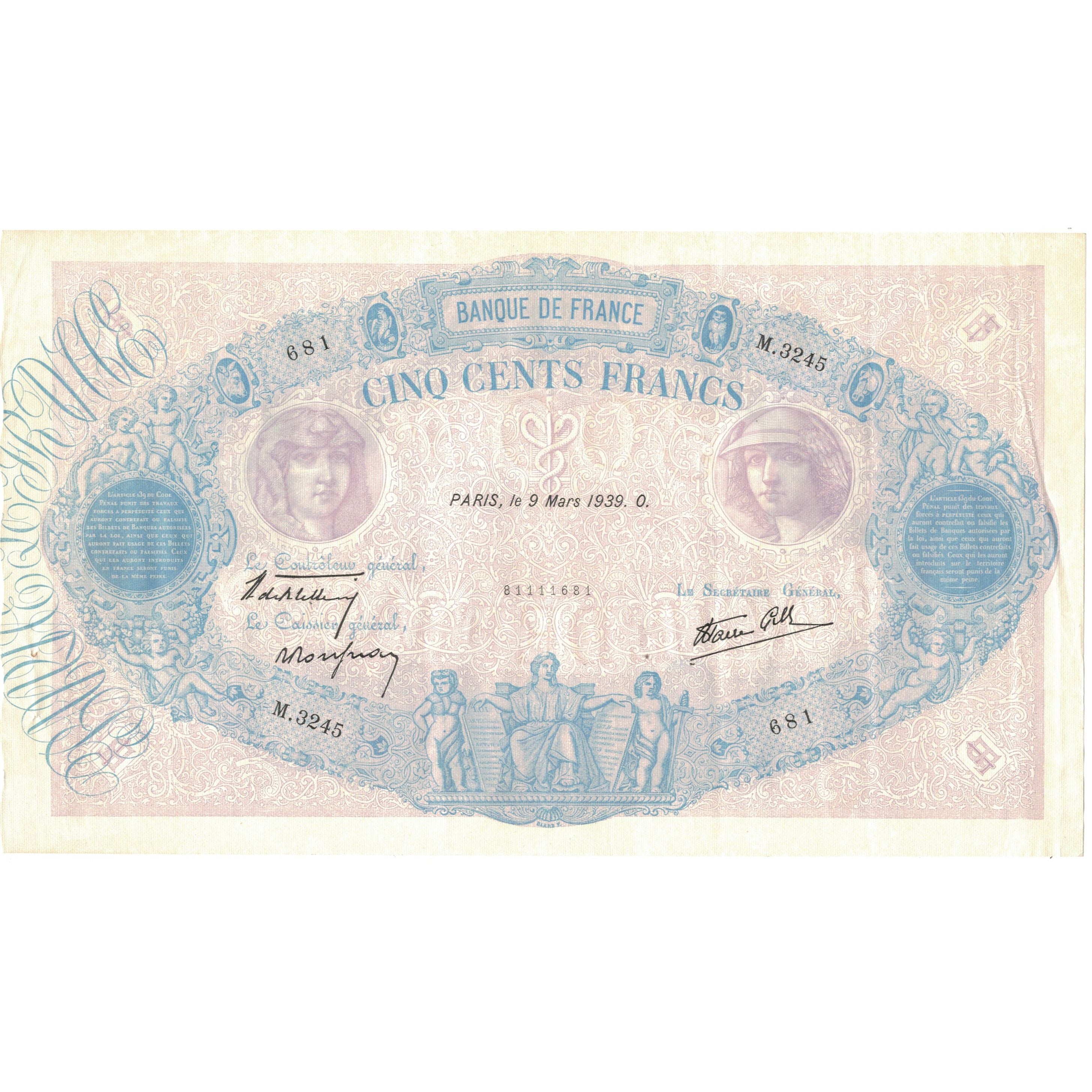 Francia, 500 Francs, Bleu et Rose, 1939, M.3245, EBC, Fayette:31.26, KM:88c