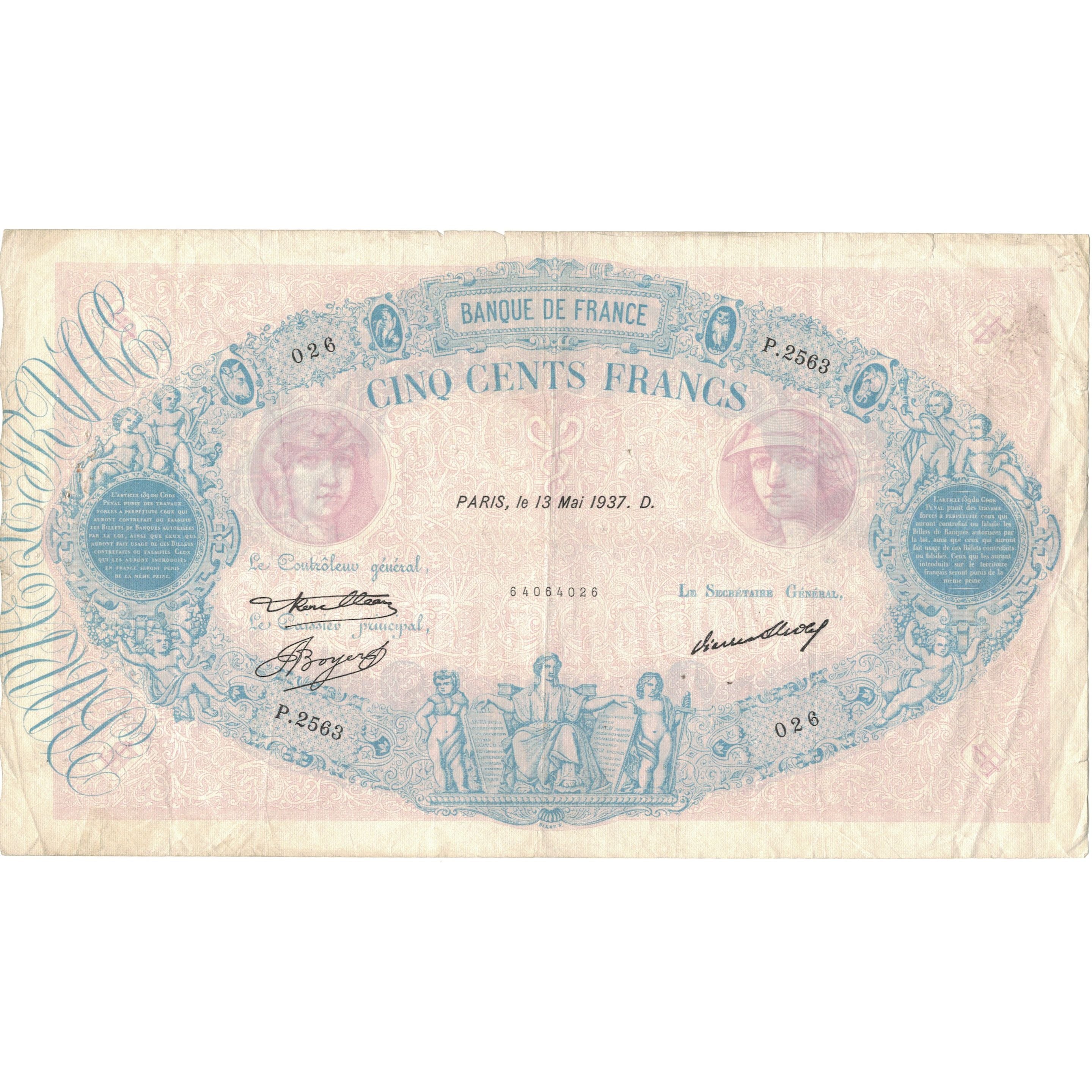 Francia, 500 Francs, Bleu et Rose, 1937, P.2563, BC, Fayette:30.38, KM:66m