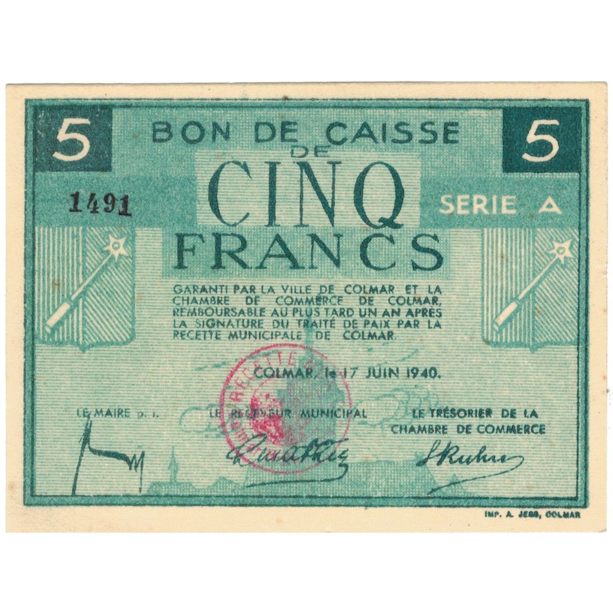 France, Colmar, 5 Francs, 1940, UNC(60-62)