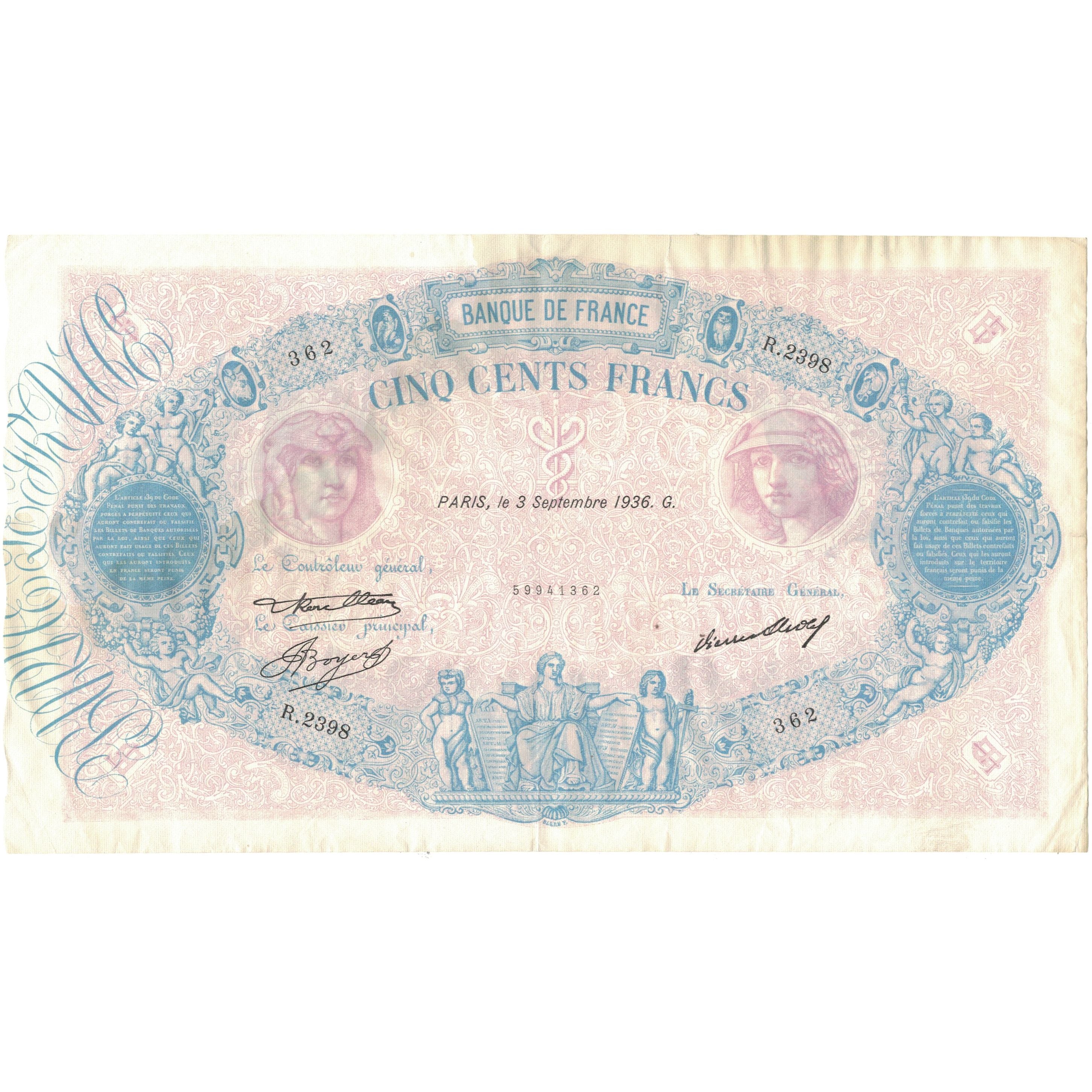Francia, 500 Francs, Bleu et Rose, 1936, R.2398362, EBC+, Fayette:30.37, KM:66m