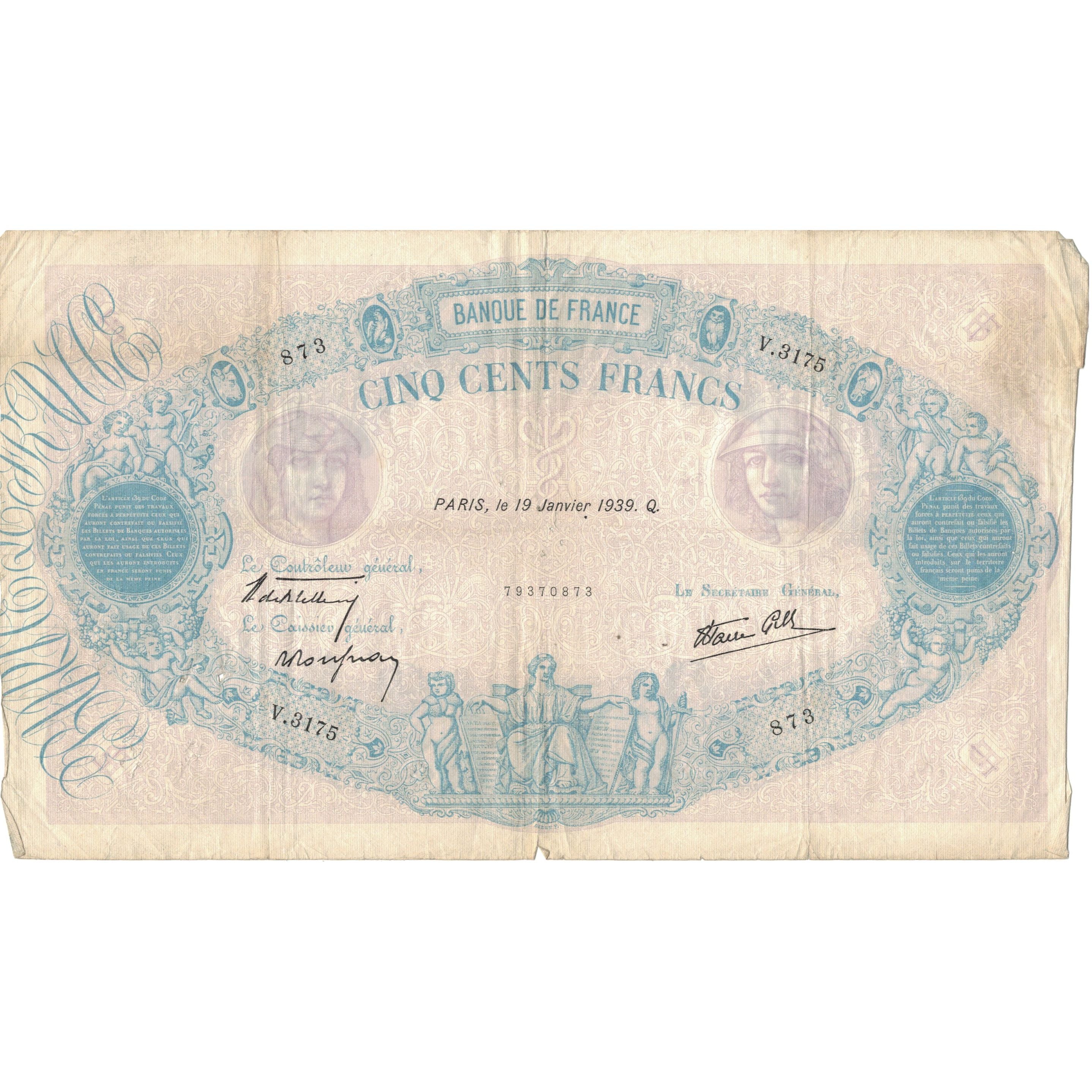 Francia, 500 Francs, Bleu et Rose, 1939, V.3175873, MBC+, Fayette:31.23, KM:88c